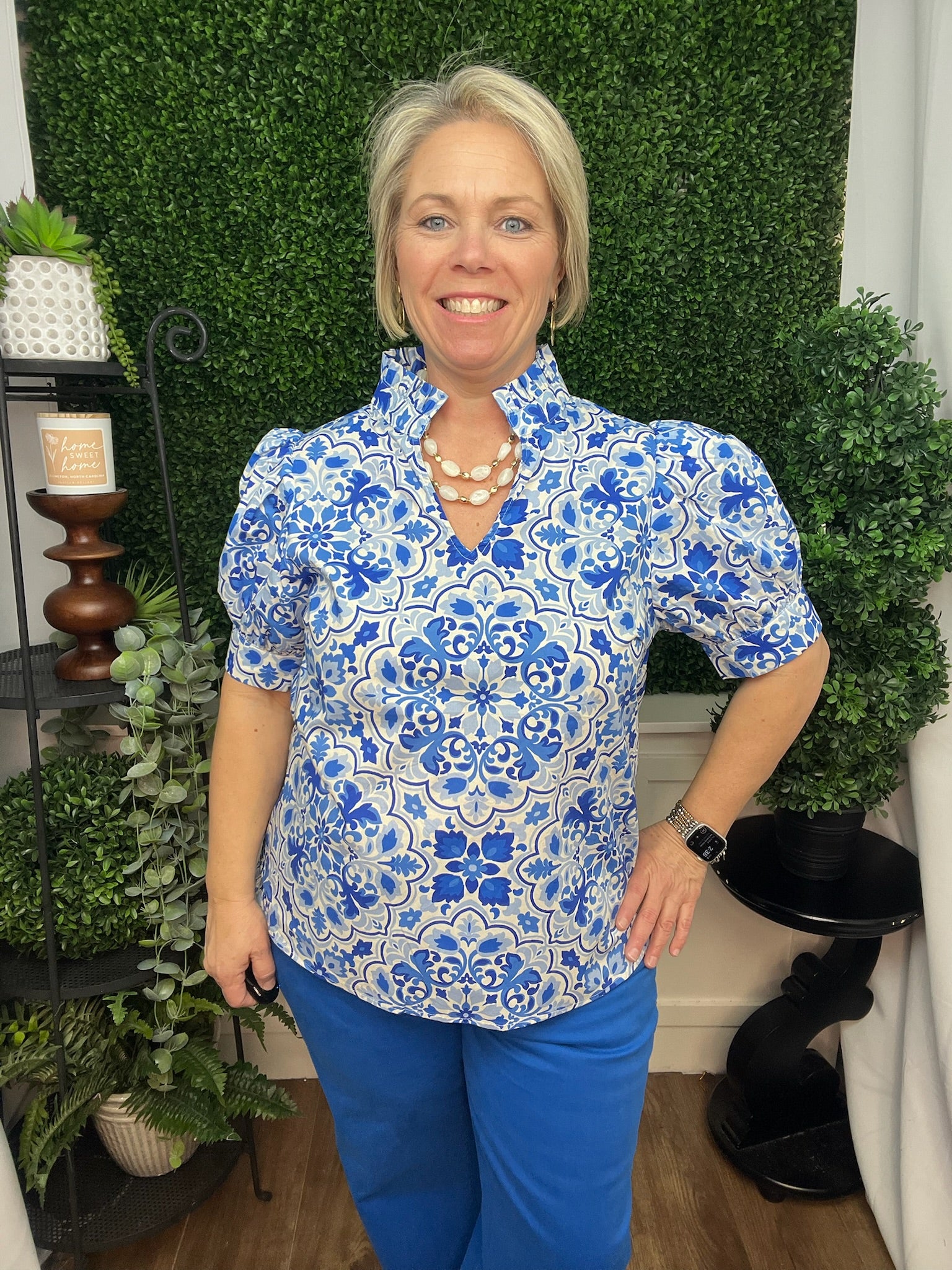 PUFF SHOULDER RUFFLED NECKLINE CRINKLED SOLID TOP - ROYAL