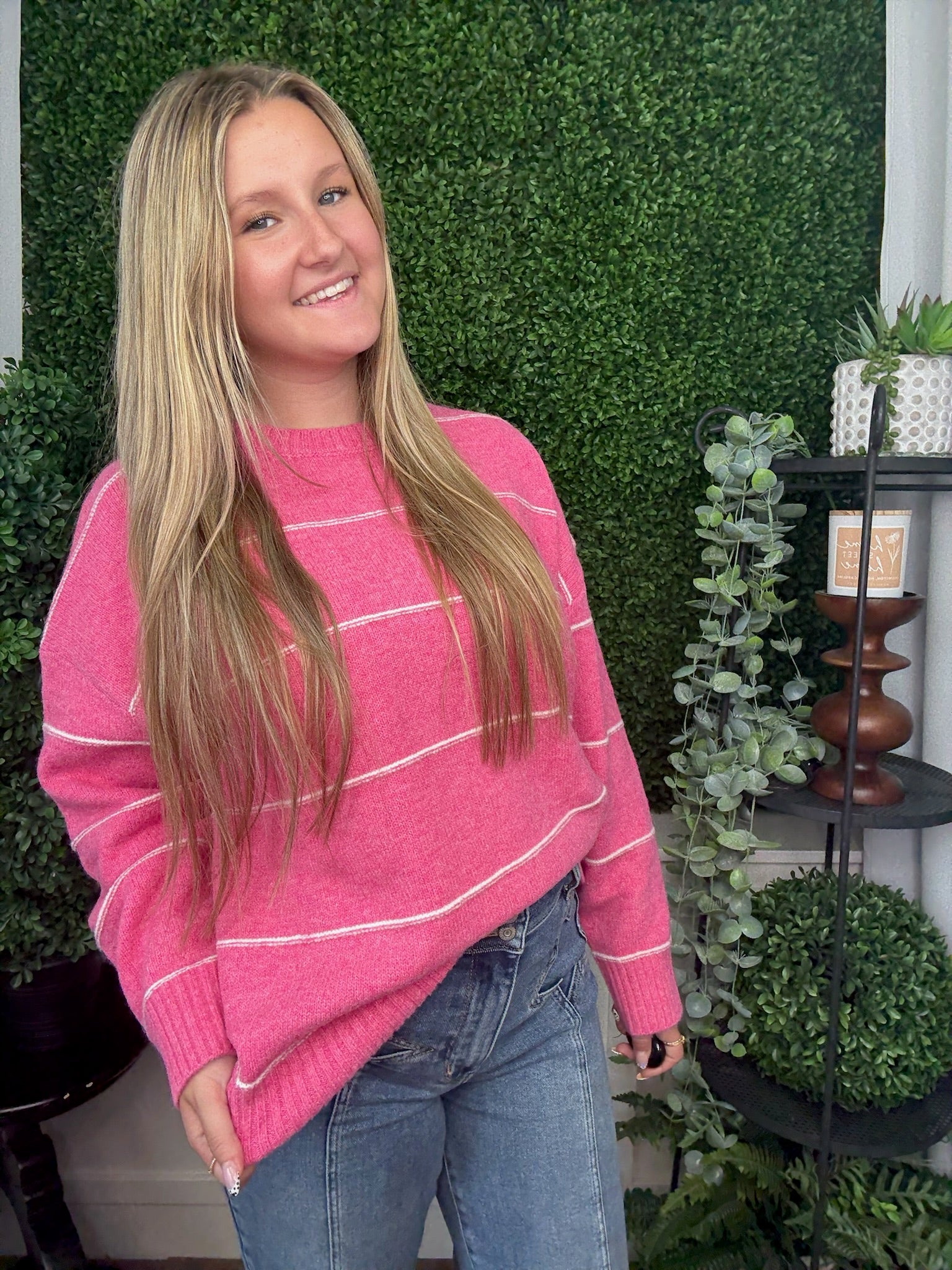 STRIPE PATTERN DROP SHOULDER SWEATER - PINK MULTI