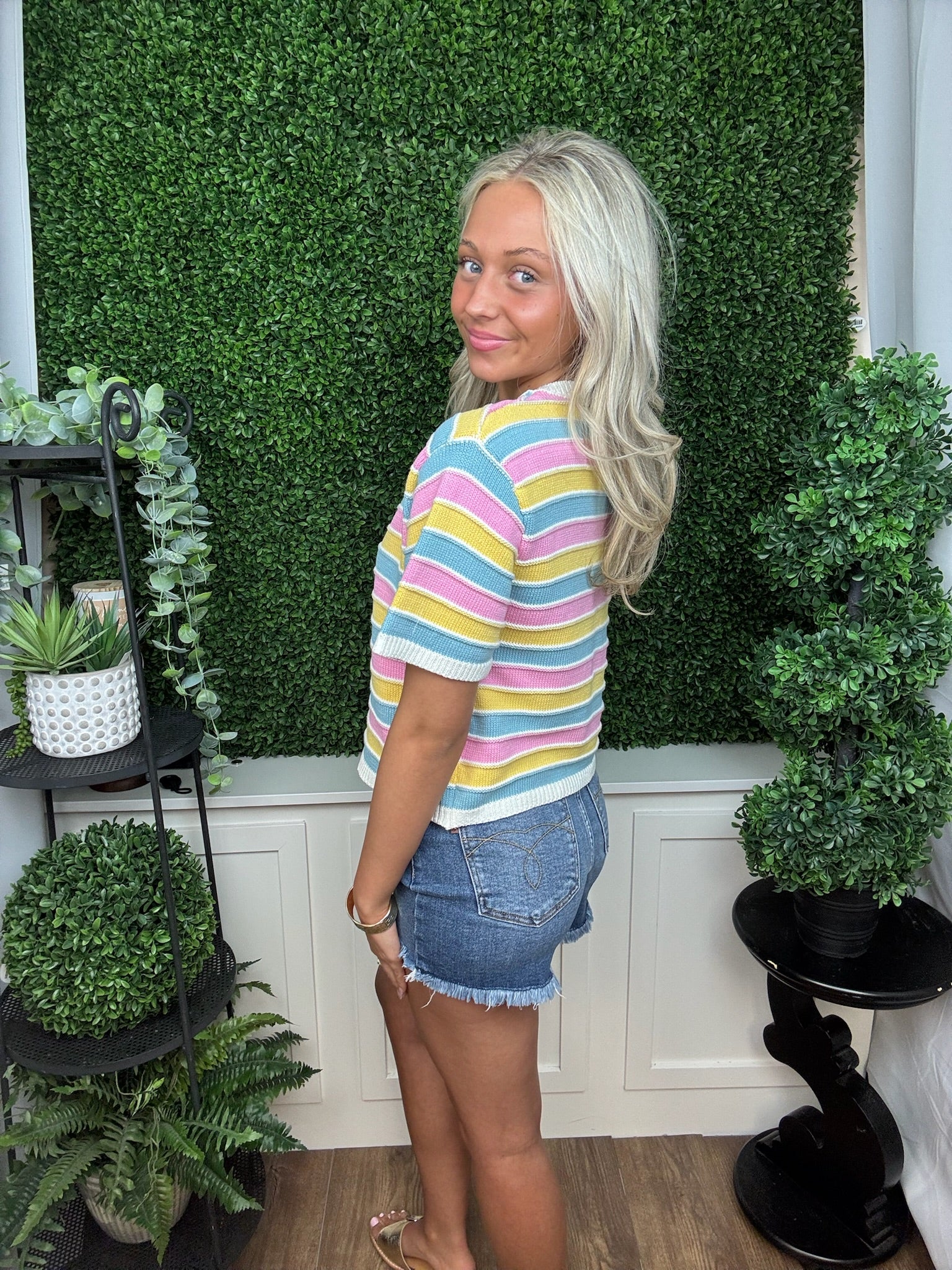 SS HORIZONTAL STRIPE KNIT TOP - IVORY/PINK