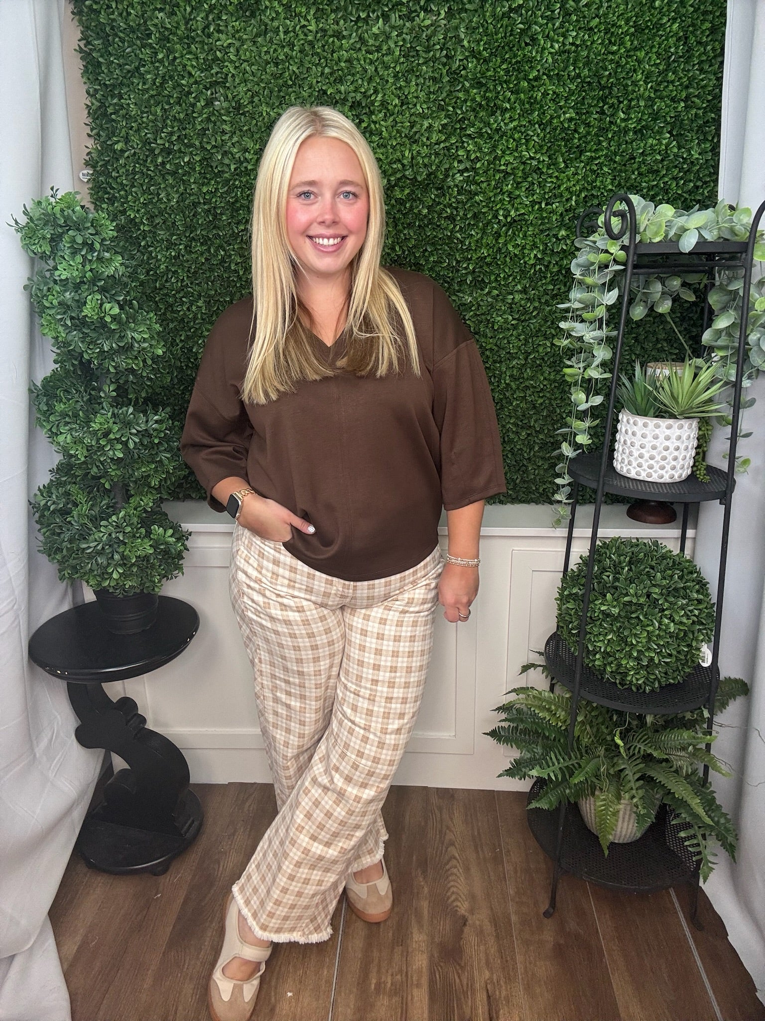 Neutral Plaid Wide Leg Crop Pants