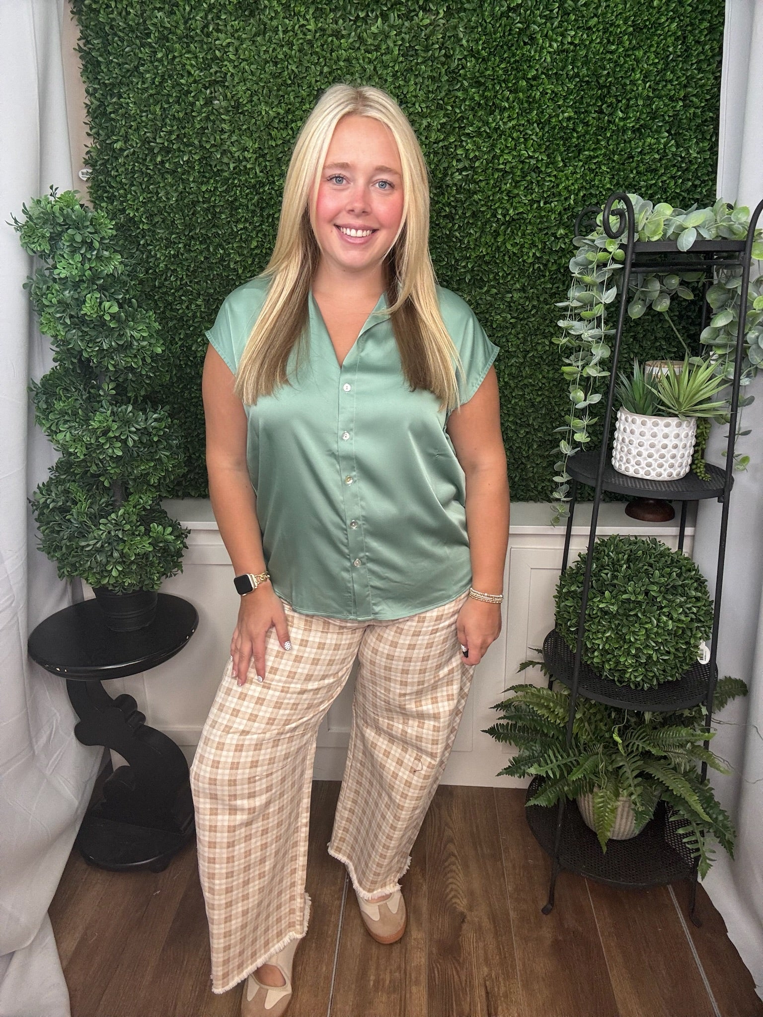 Sage Sheen Button-Down Blouse