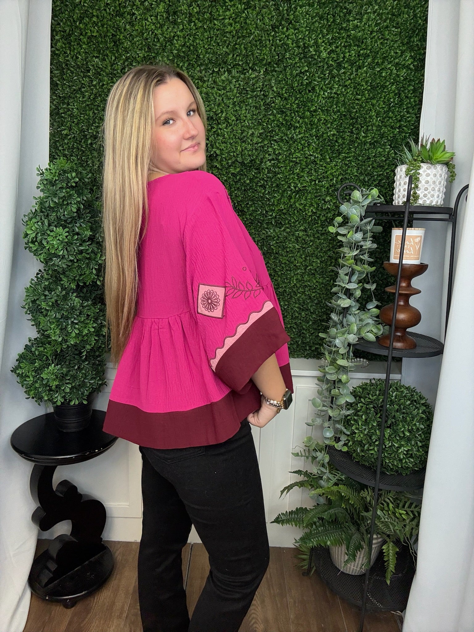 COLORBLOCK AIR FLOW OVERSIZED PEASANT BLOUSE - FUCHSIA COMBO