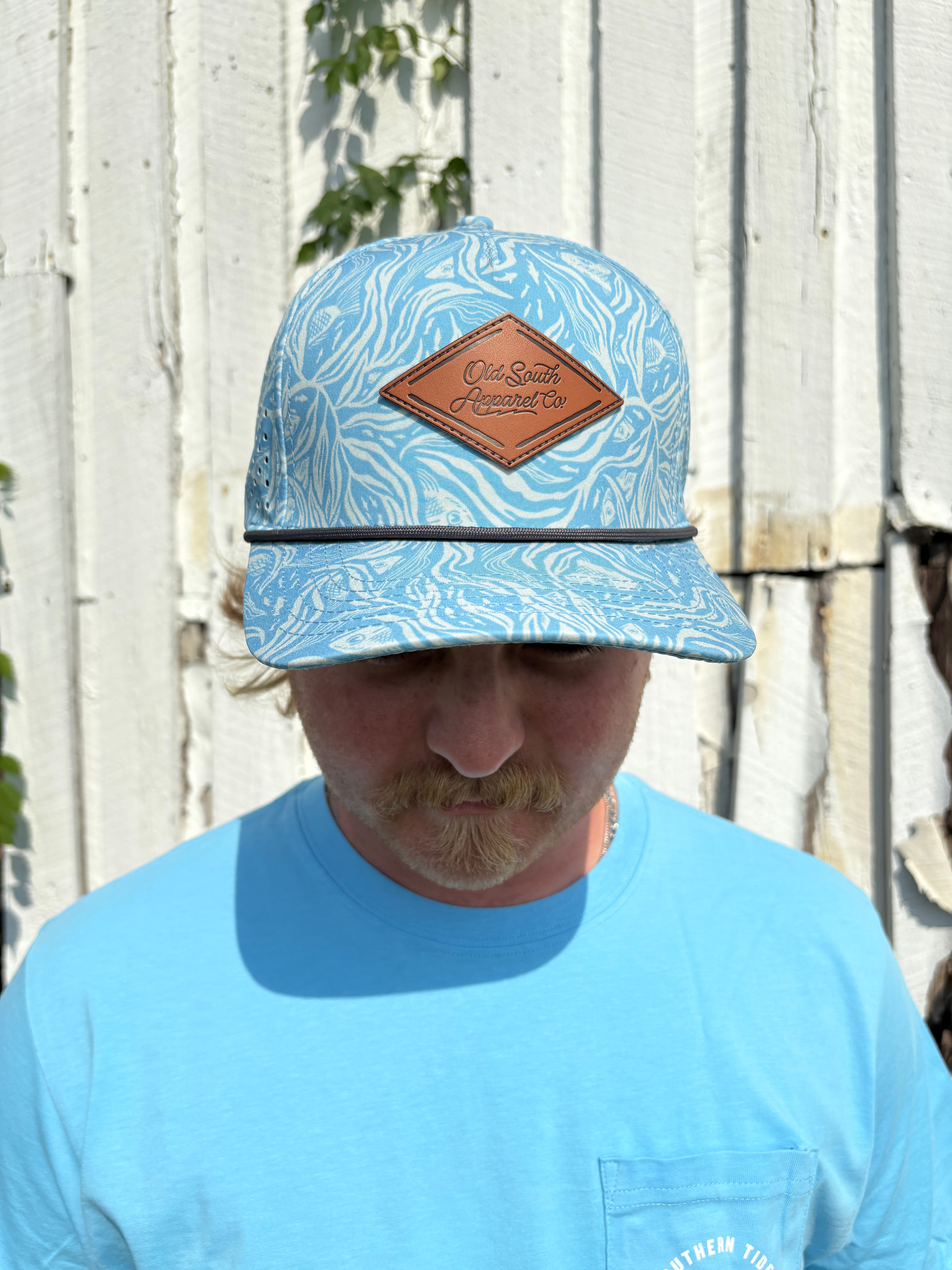 BENEATH THE TIDE LEATHER TRUCKER HAT - CAROLINA BLUE