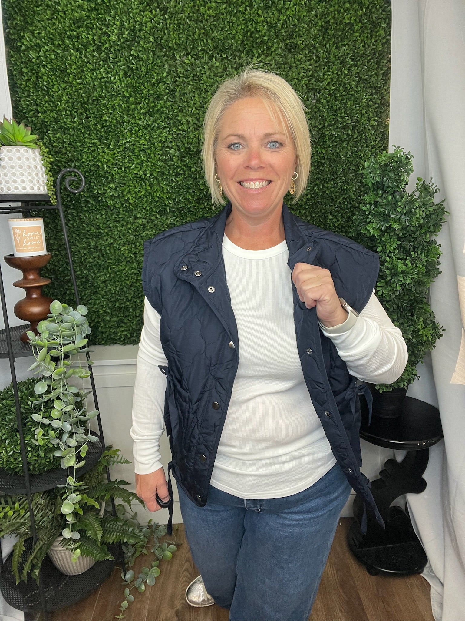 TIE DETAIL SNAP DOWN QUILTED PUFFER VEST