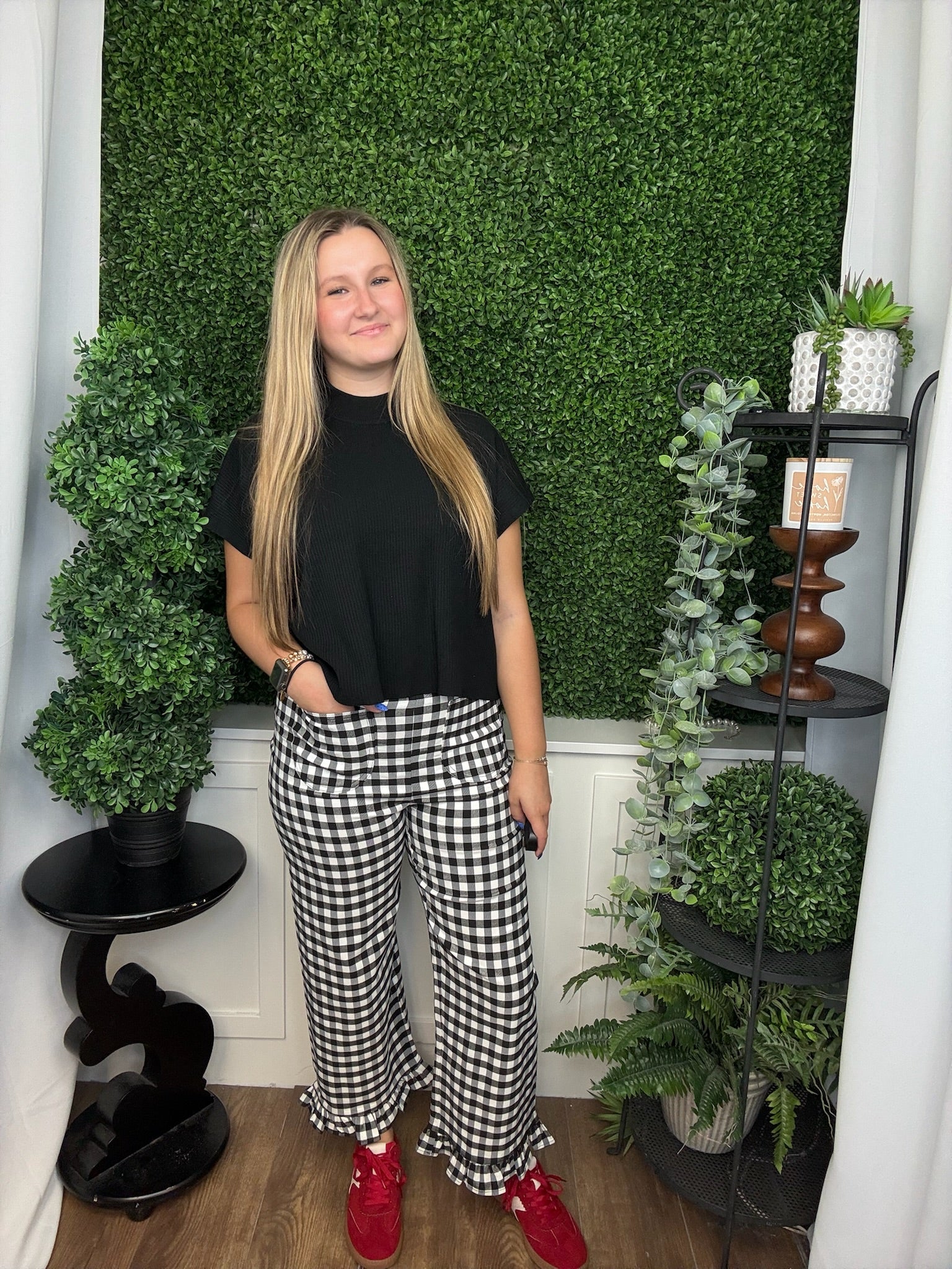 GINGHAM RUFFLE TRIM STRAIGHT LEG PANTS - BLACK