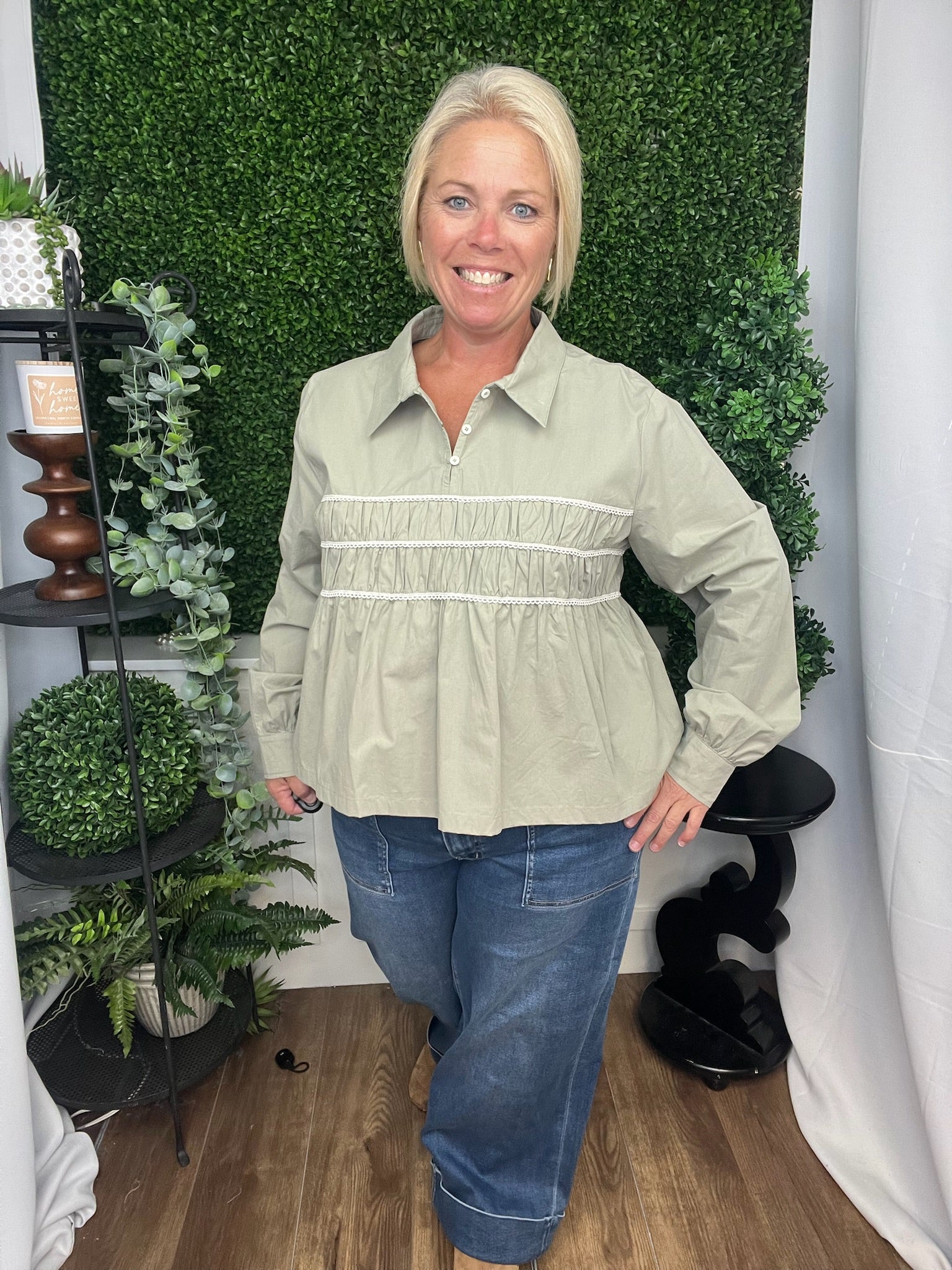 PEPLUM TRIM DETAIL SHIRT - MINT/ECRU