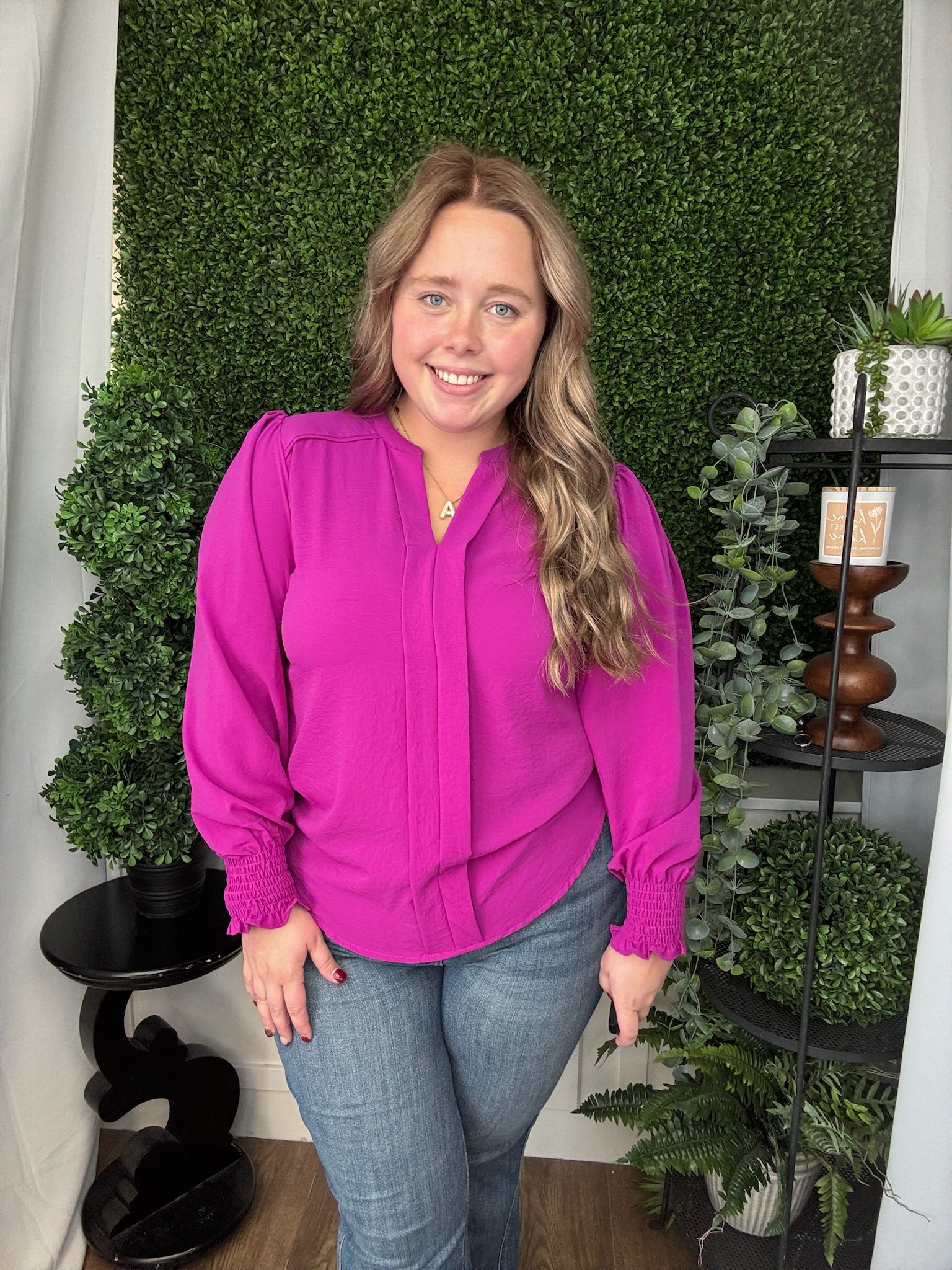 LONG SMOCKED SLEEVE FRONT PLEATS TOP