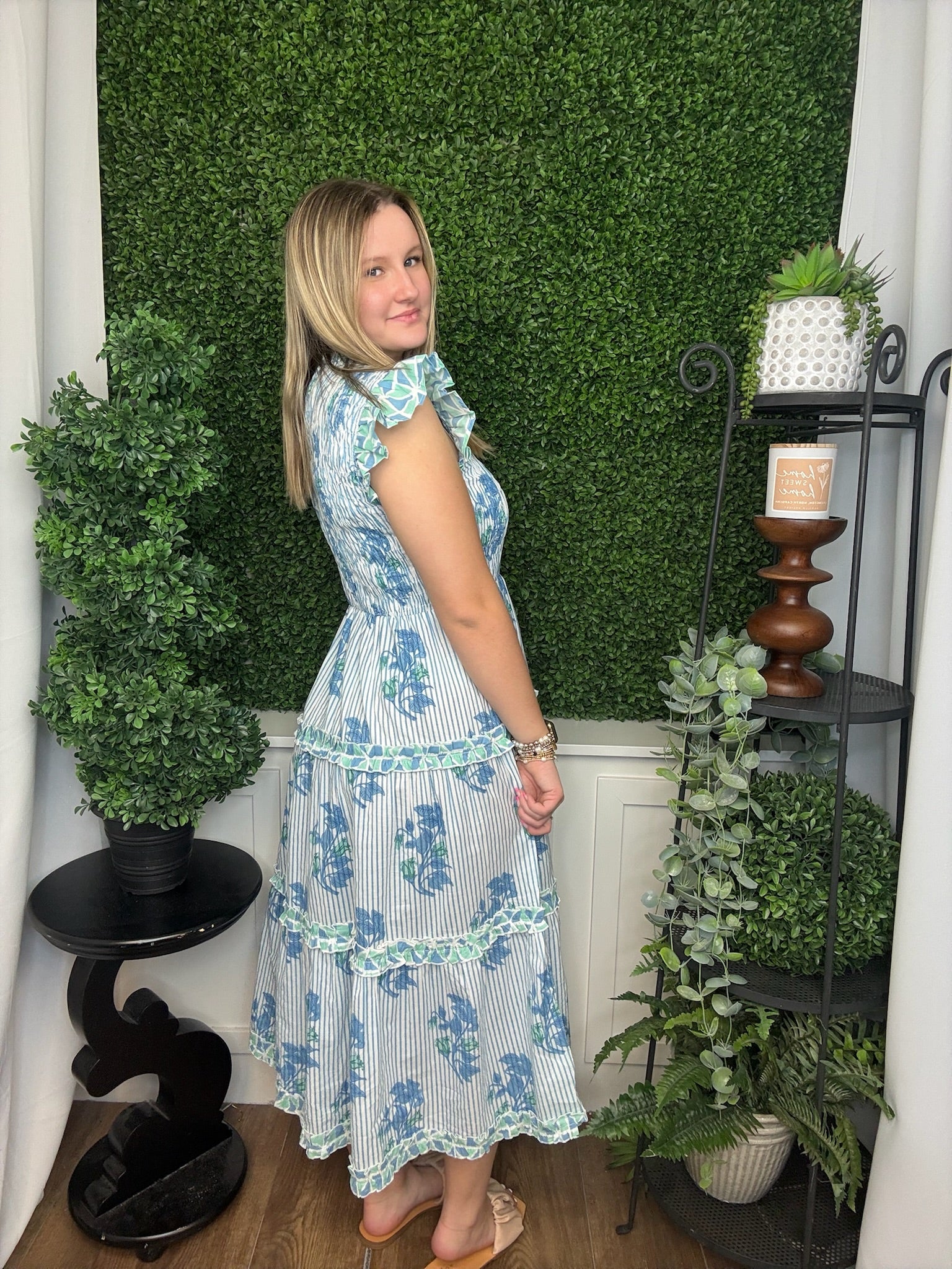 PERIN SMOCKED MIDI DRESS - BLUE