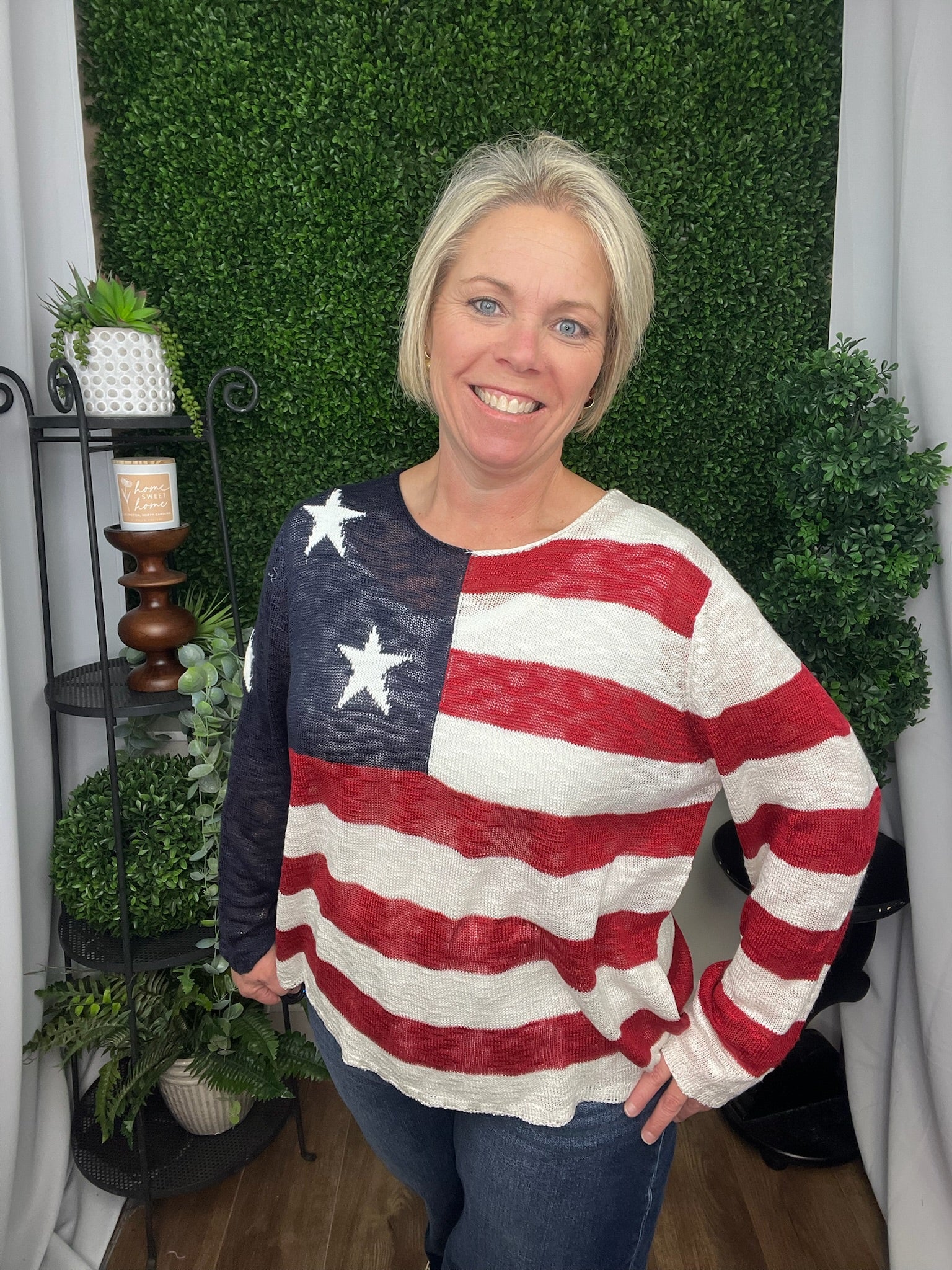 MURIEL BURNOUT FLAG SWEATER - RED/WHITE/BLUE