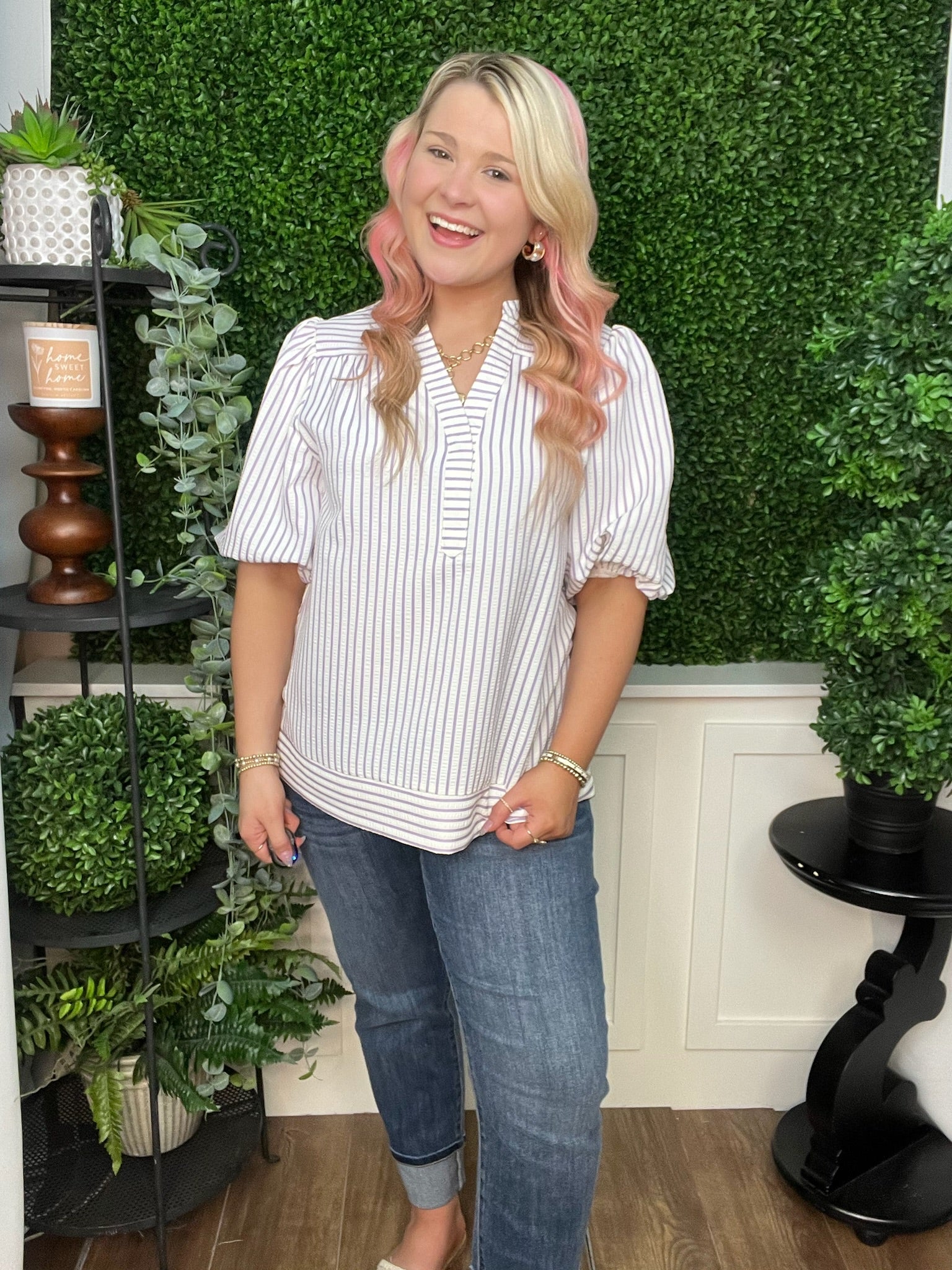 BUBBLE SLEEVE STRIPED WOVEN TOP - LILAC