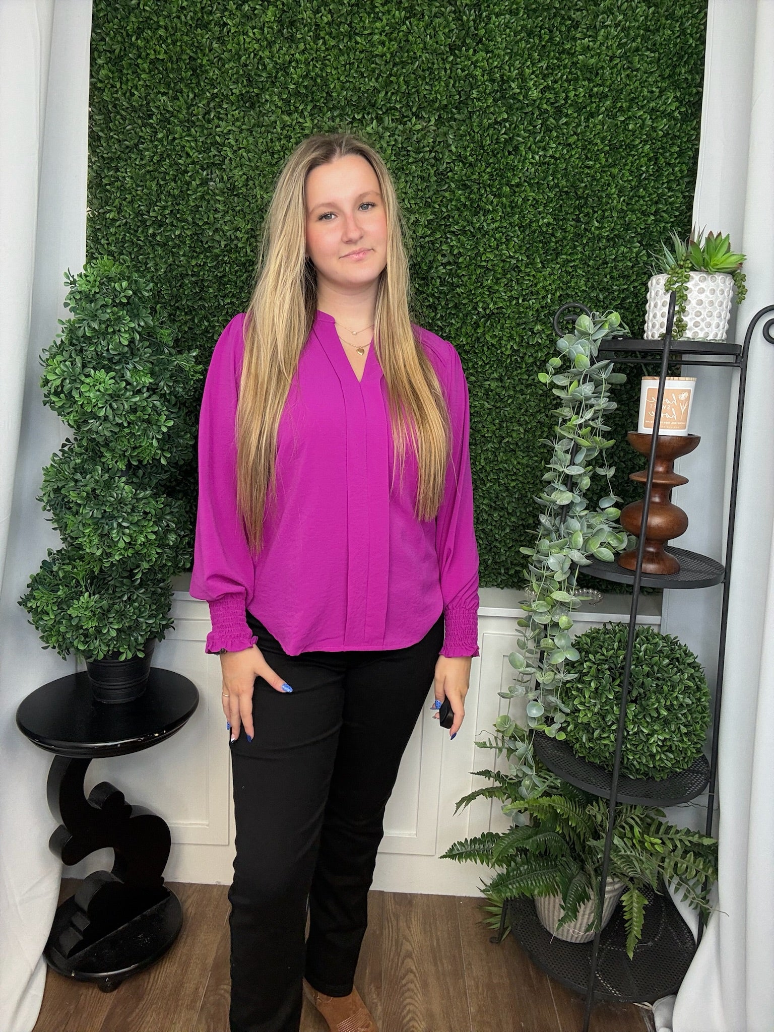 LONG SMOCKED SLEEVE FRONT PLEATS TOP