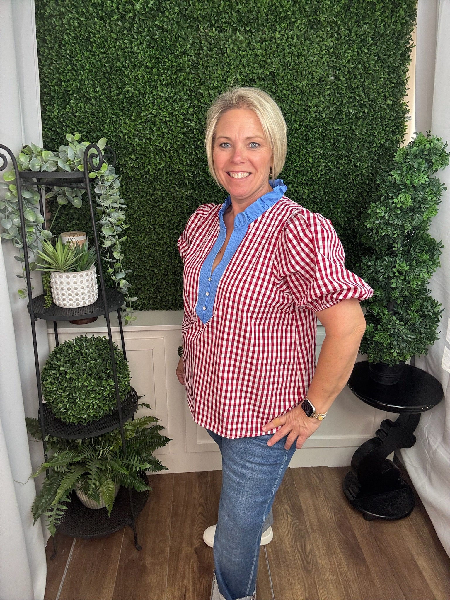RED GINGHAM TOP WITH BLUE DETAIL
