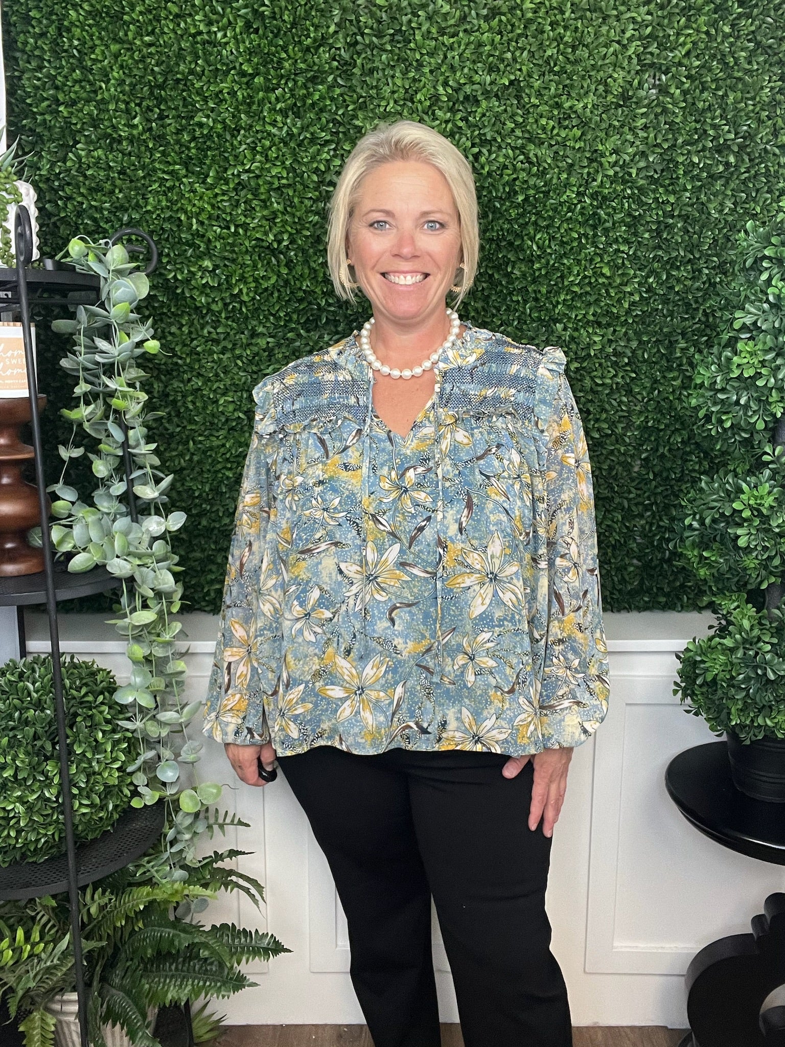 FLORAL PRINT SMOCKED TOP - INDIGO MULTI FLORAL