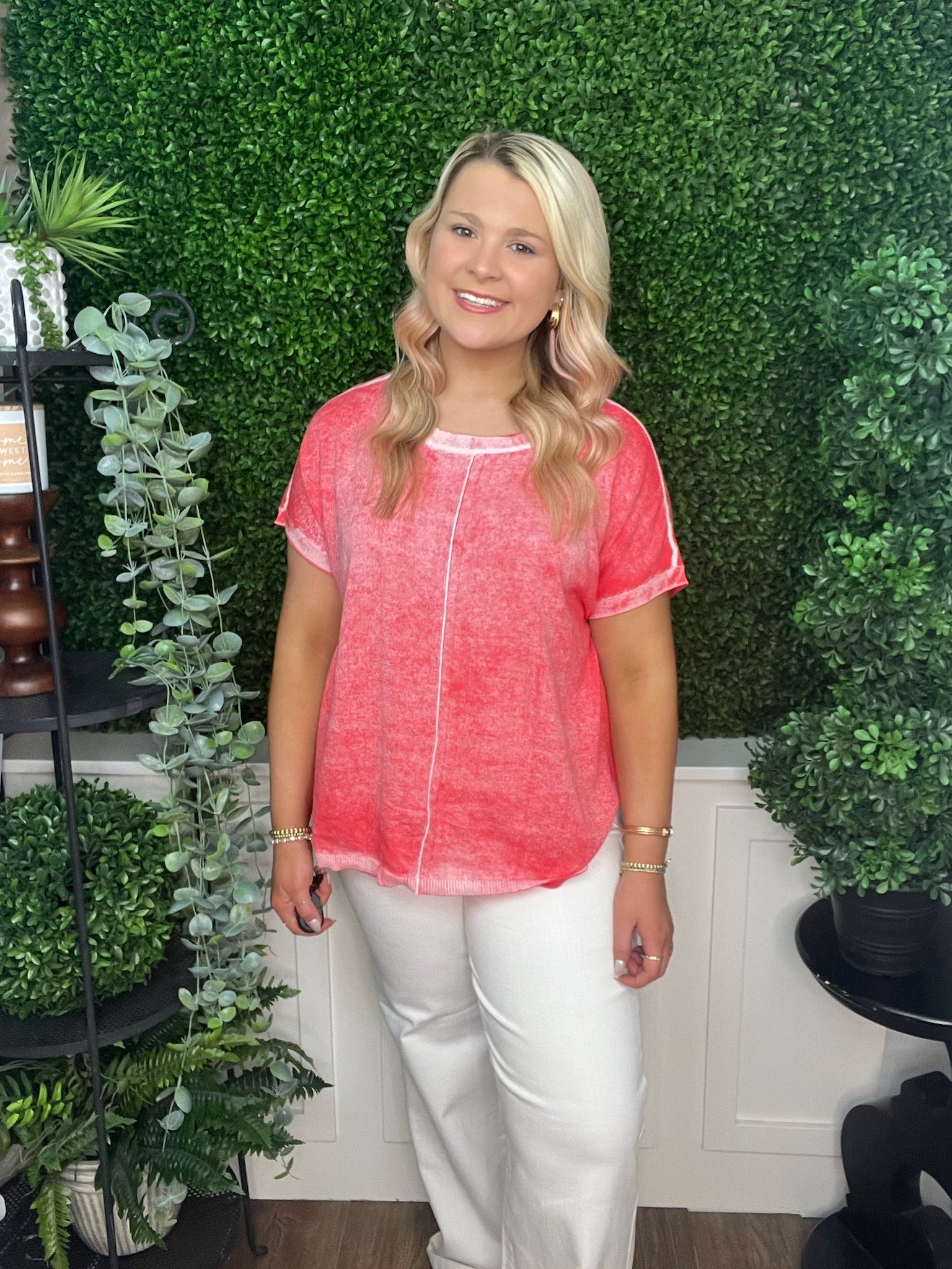 REVERSE PRINTED CAP SLEEVE TOP - CORAL