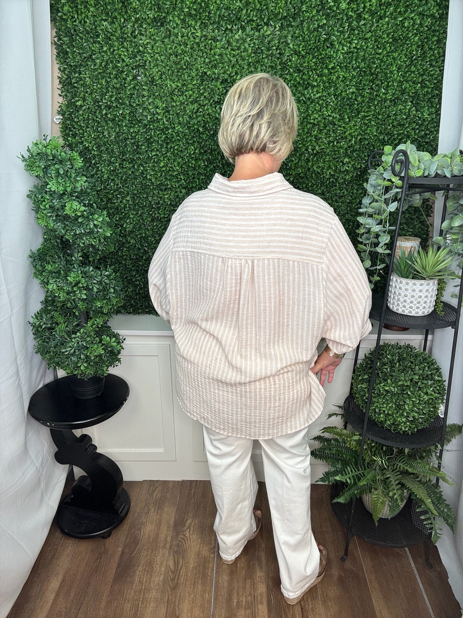 Taupe Striped Relaxed Button-Up Blouse