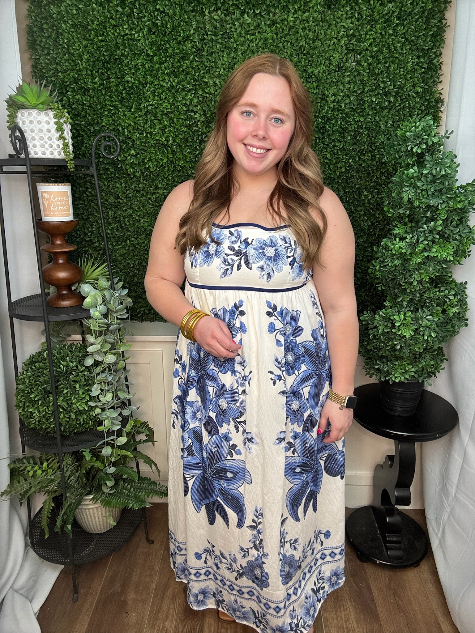 Blue Garden Scallop Trim Midi Dress