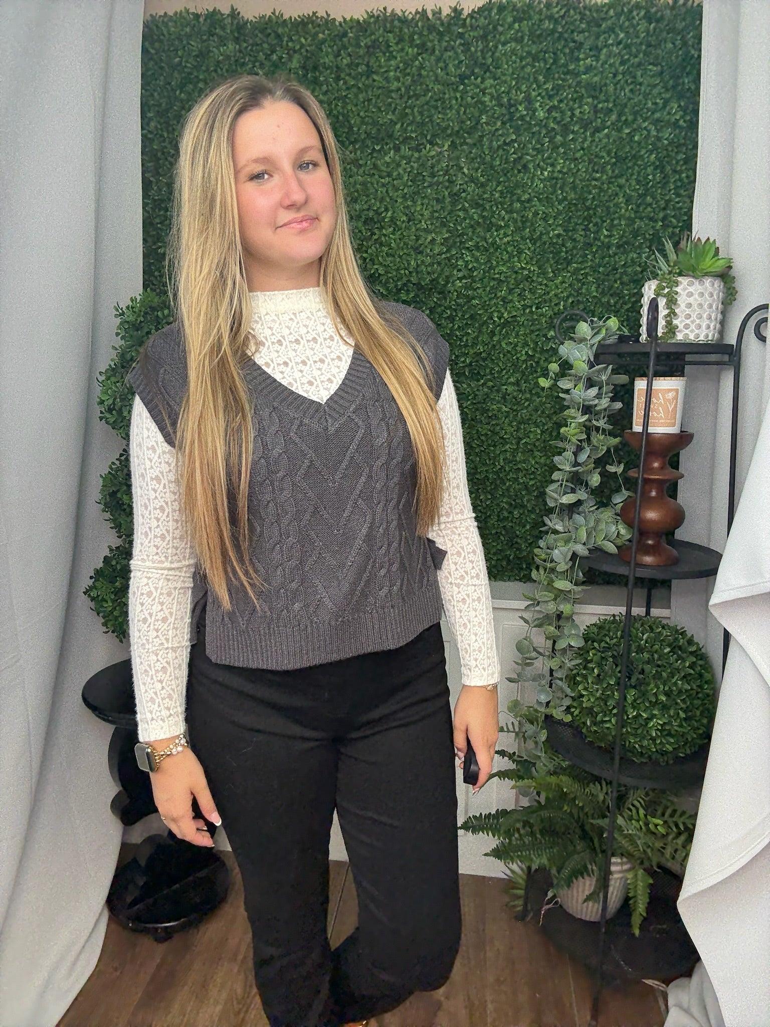 CABLE KNIT VNECK SIDE TIE SWEATER VEST - CHARCOAL