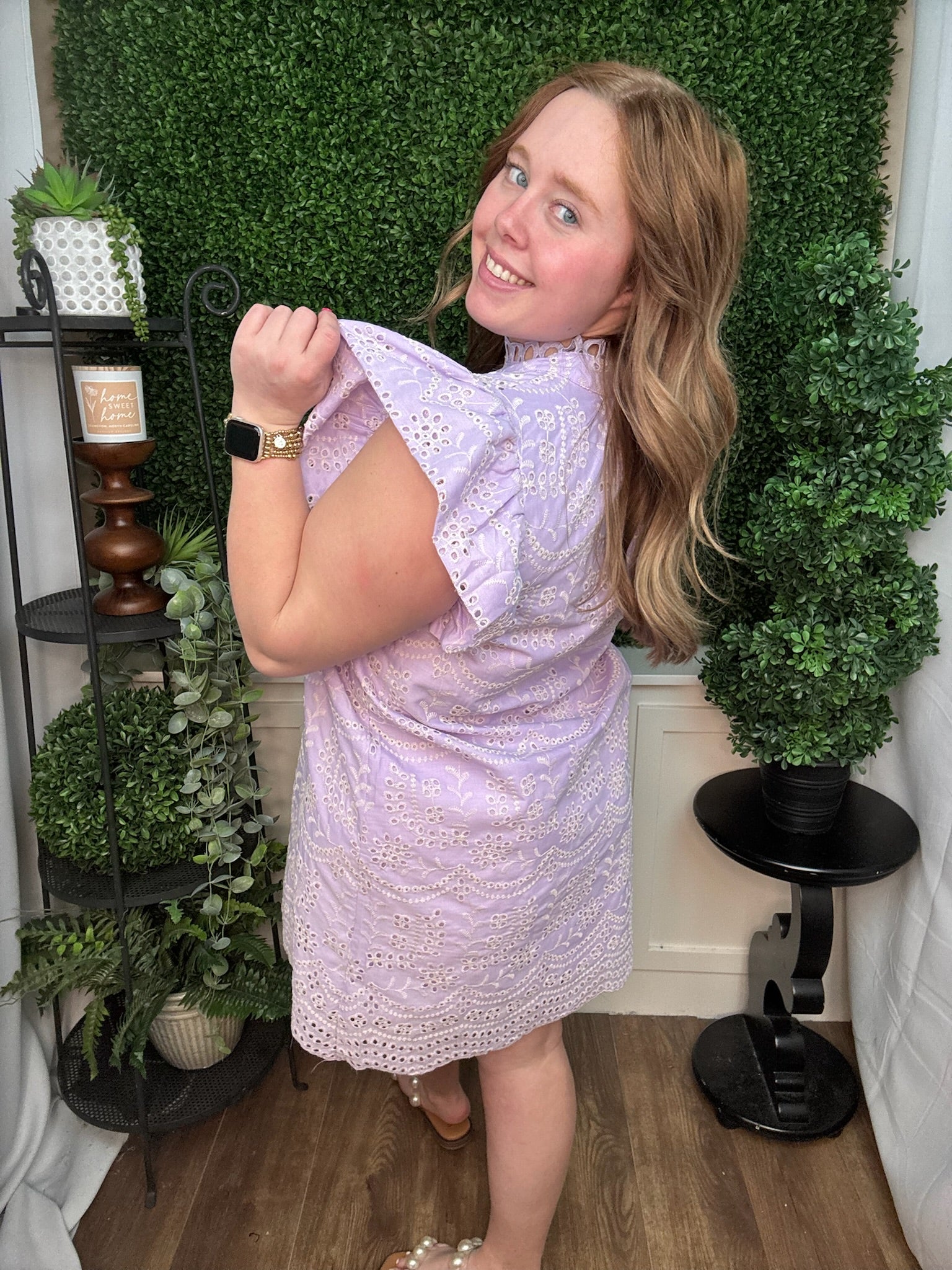 Lavender Eyelet Flutter Sleeve Shift Dress