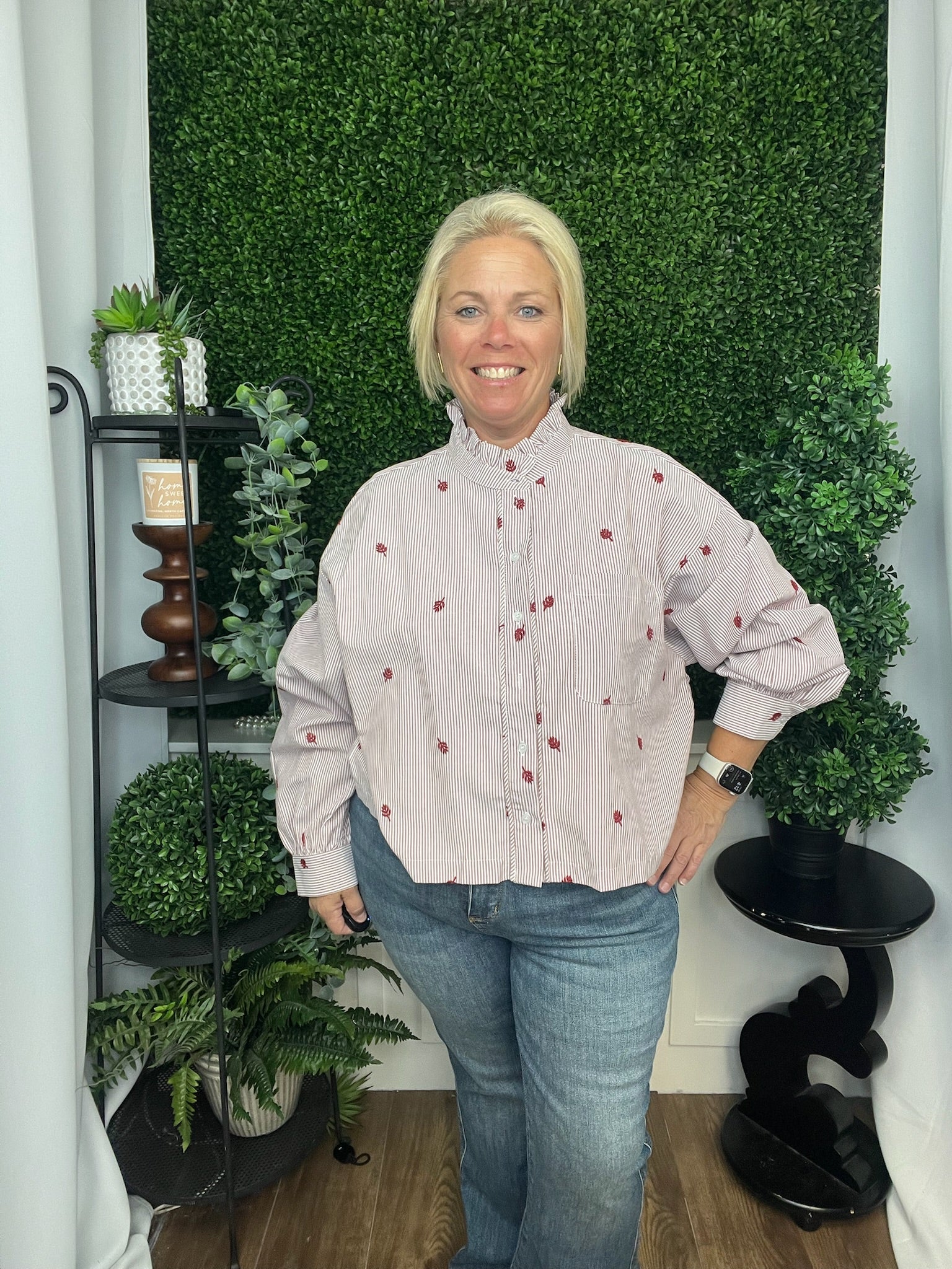 EMBROIDERED MOCK NECK STRIPED BUTTON UP TOP - AMBER STRIPE