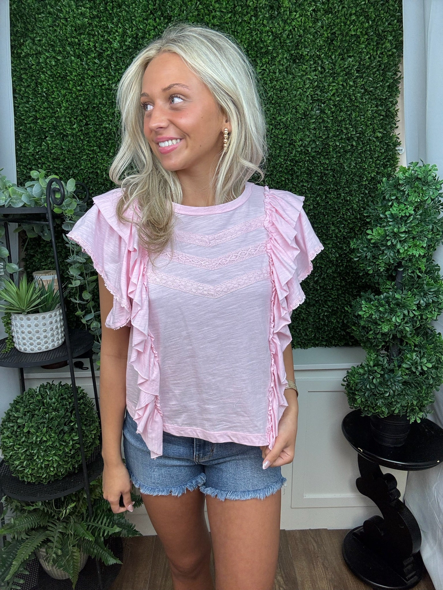 Blush Pink Ruffle Sleeve Top with Lace Chevron Detail