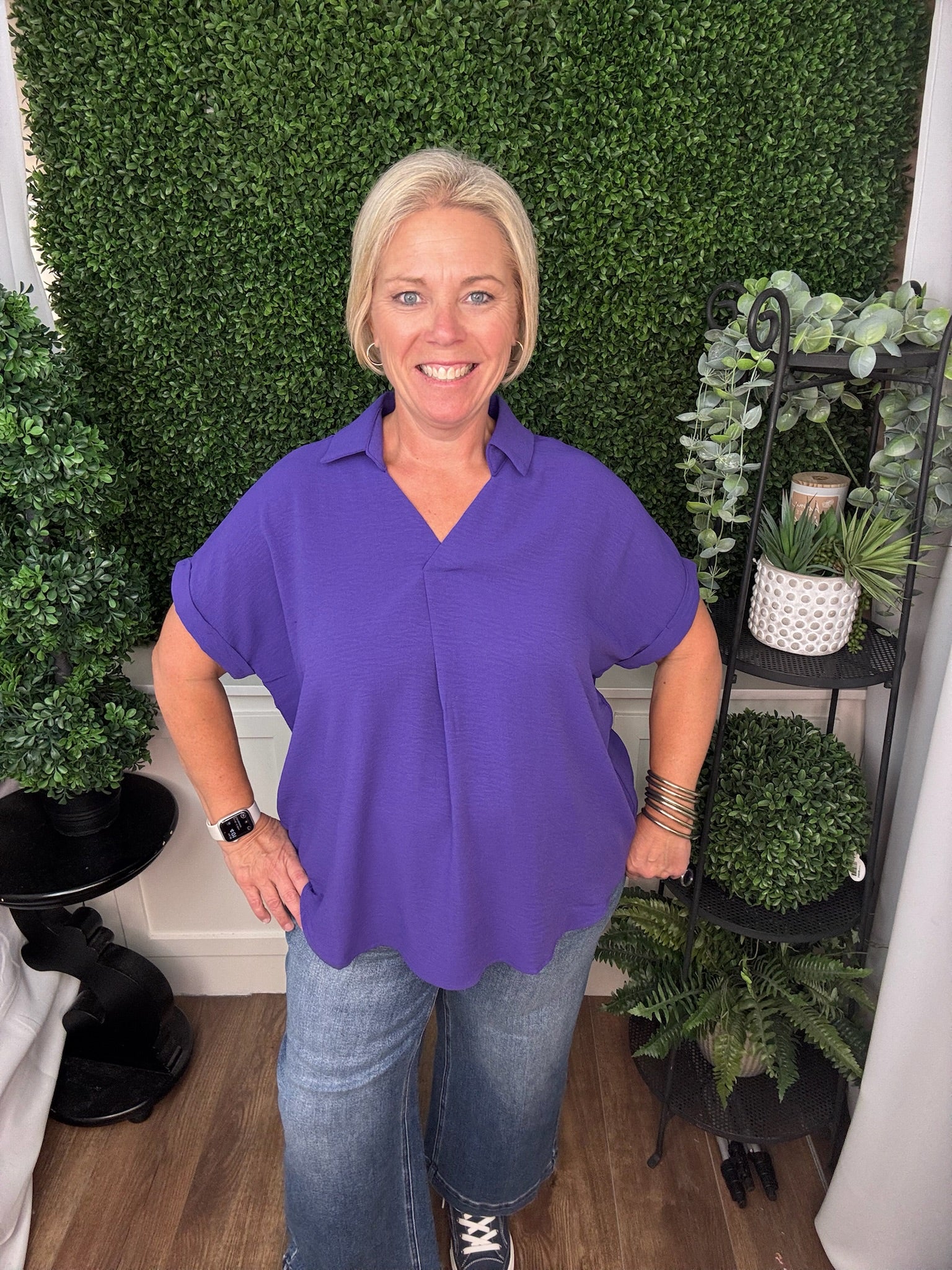 GAME DAY - DROP SHOULDER COLLARED WOVEN TOP - RED/TRUE PURPLE