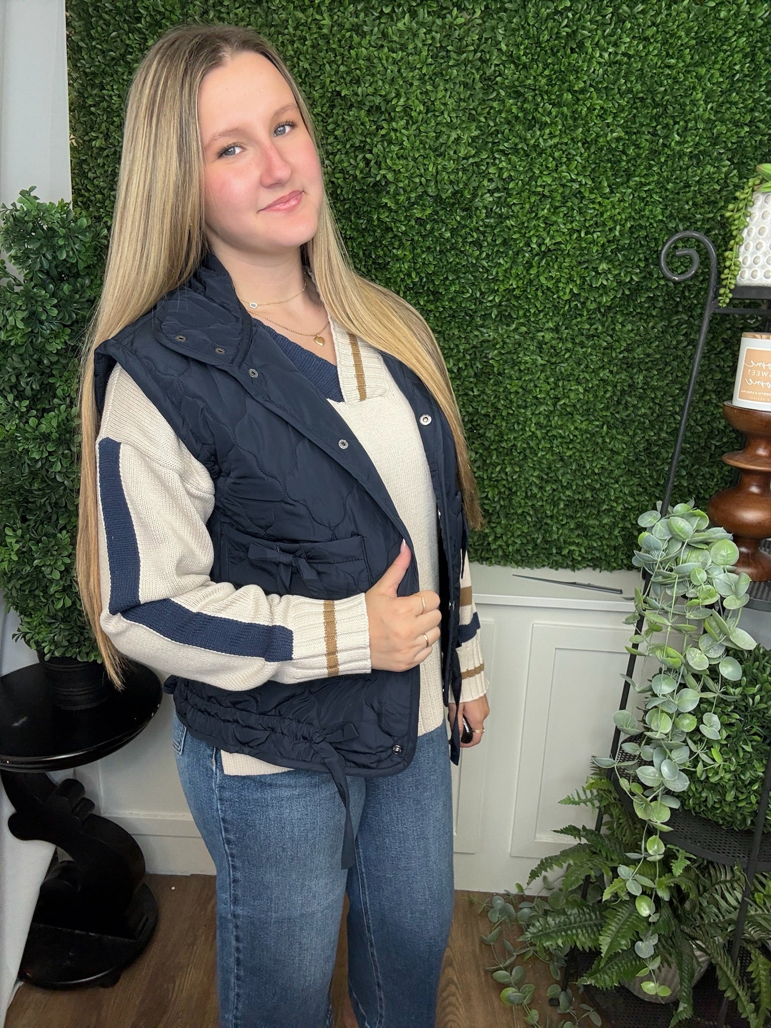 TIE DETAIL SNAP DOWN QUILTED PUFFER VEST