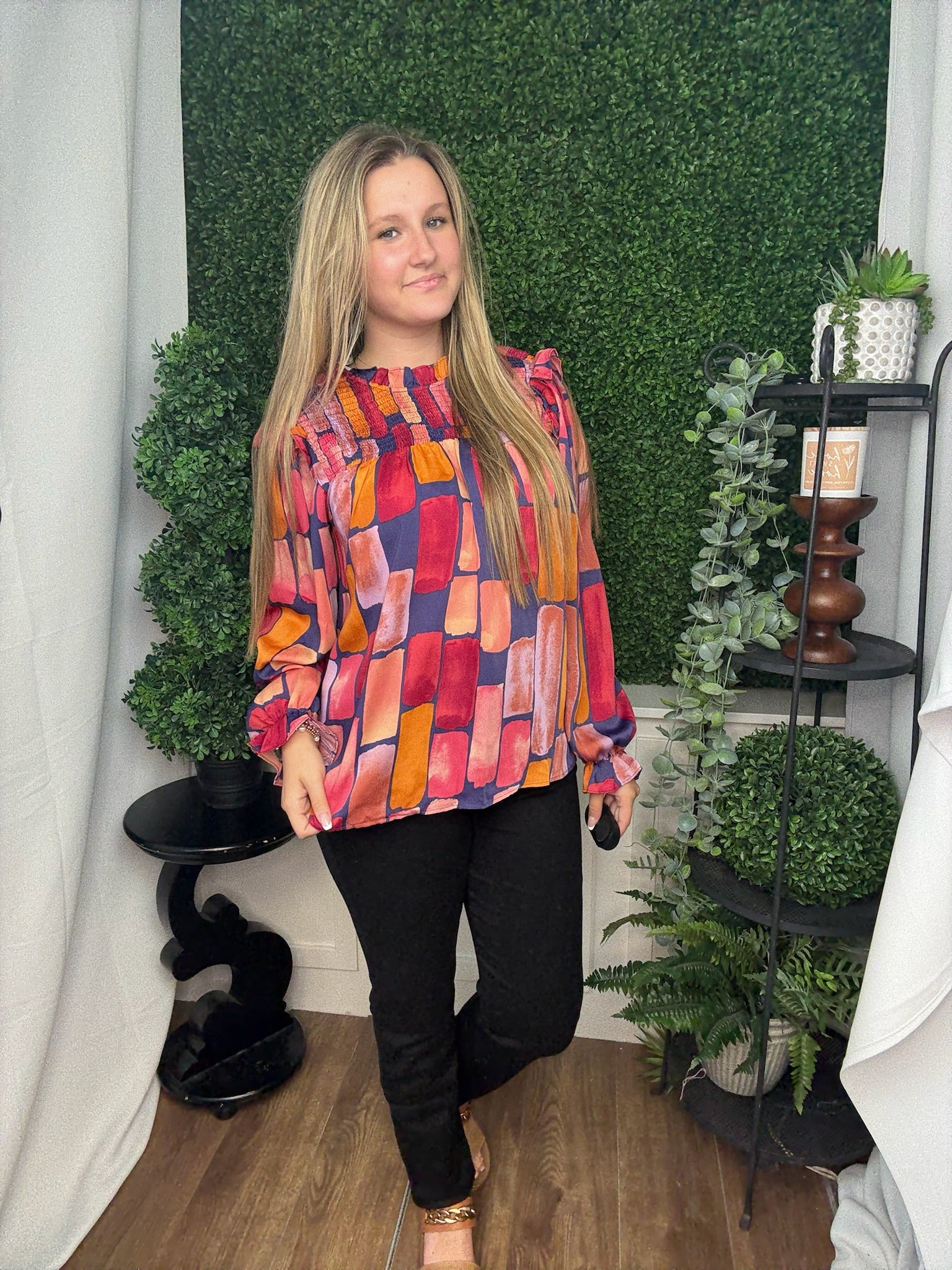 ABSTRACT PRINTED MIRABELLE SATIN BLOUSE - MIDNIGHT BLUE