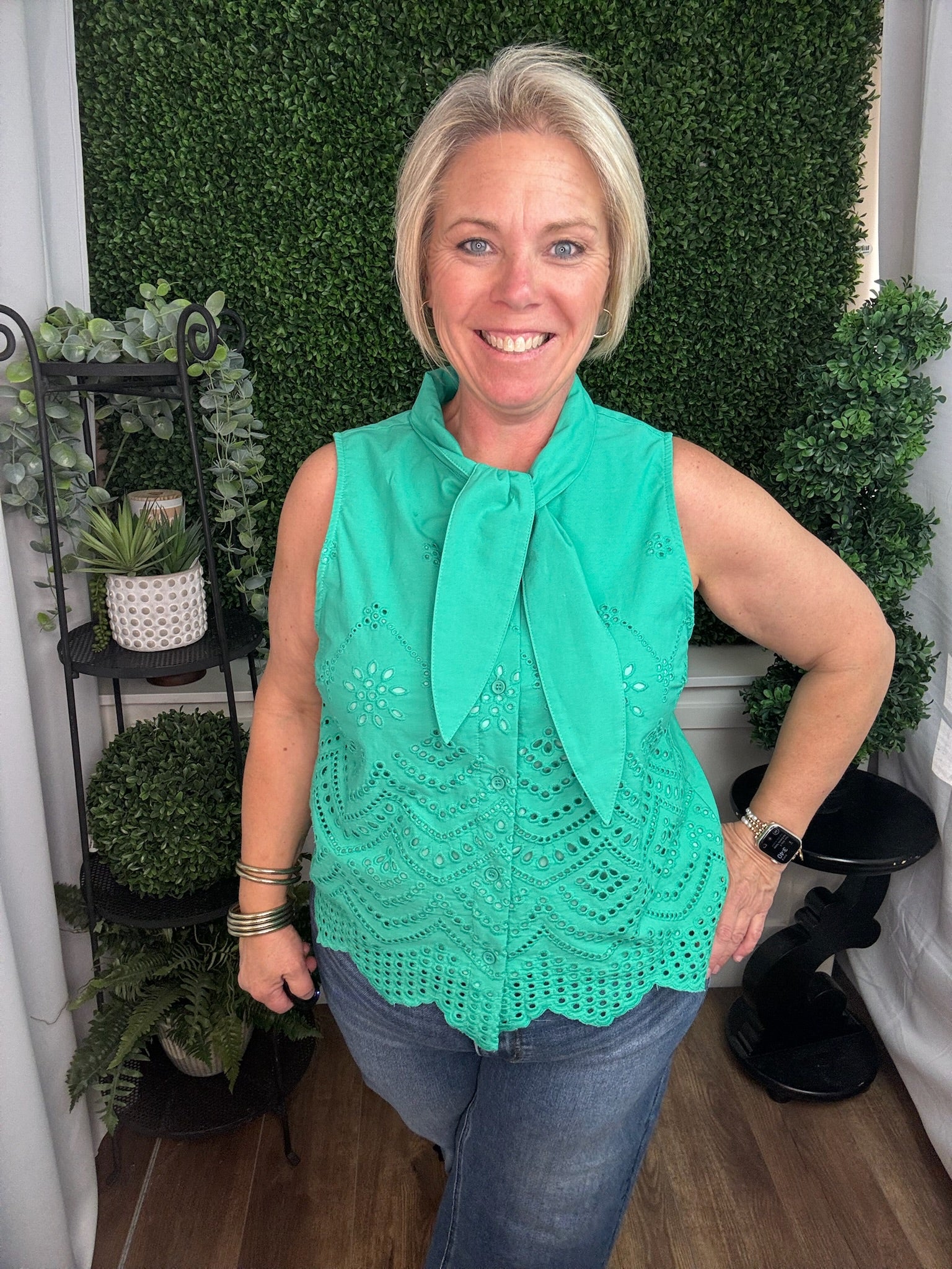 Sage Eyelet Scallop Hem Tie-Neck Blouse