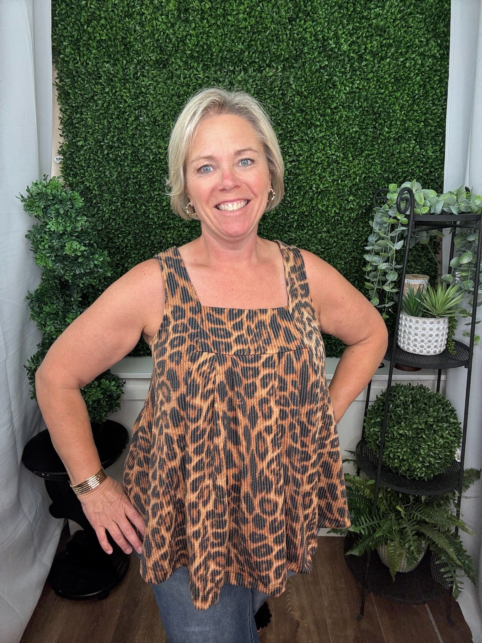 Leopard Print Sleeveless Square Neck Top - Camel