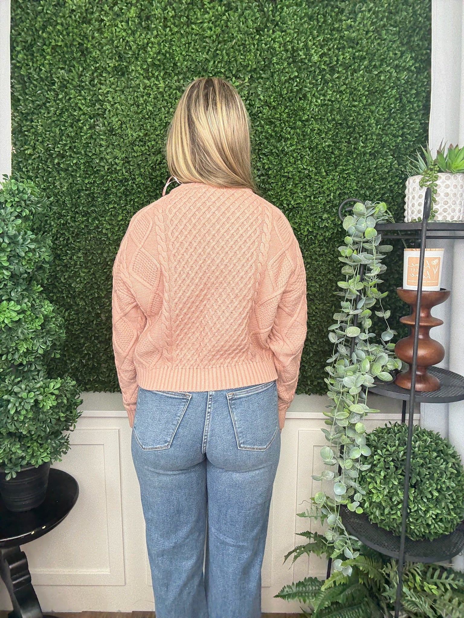 CASUAL SOLID CABLE KNIT SWEATER - BLUSH