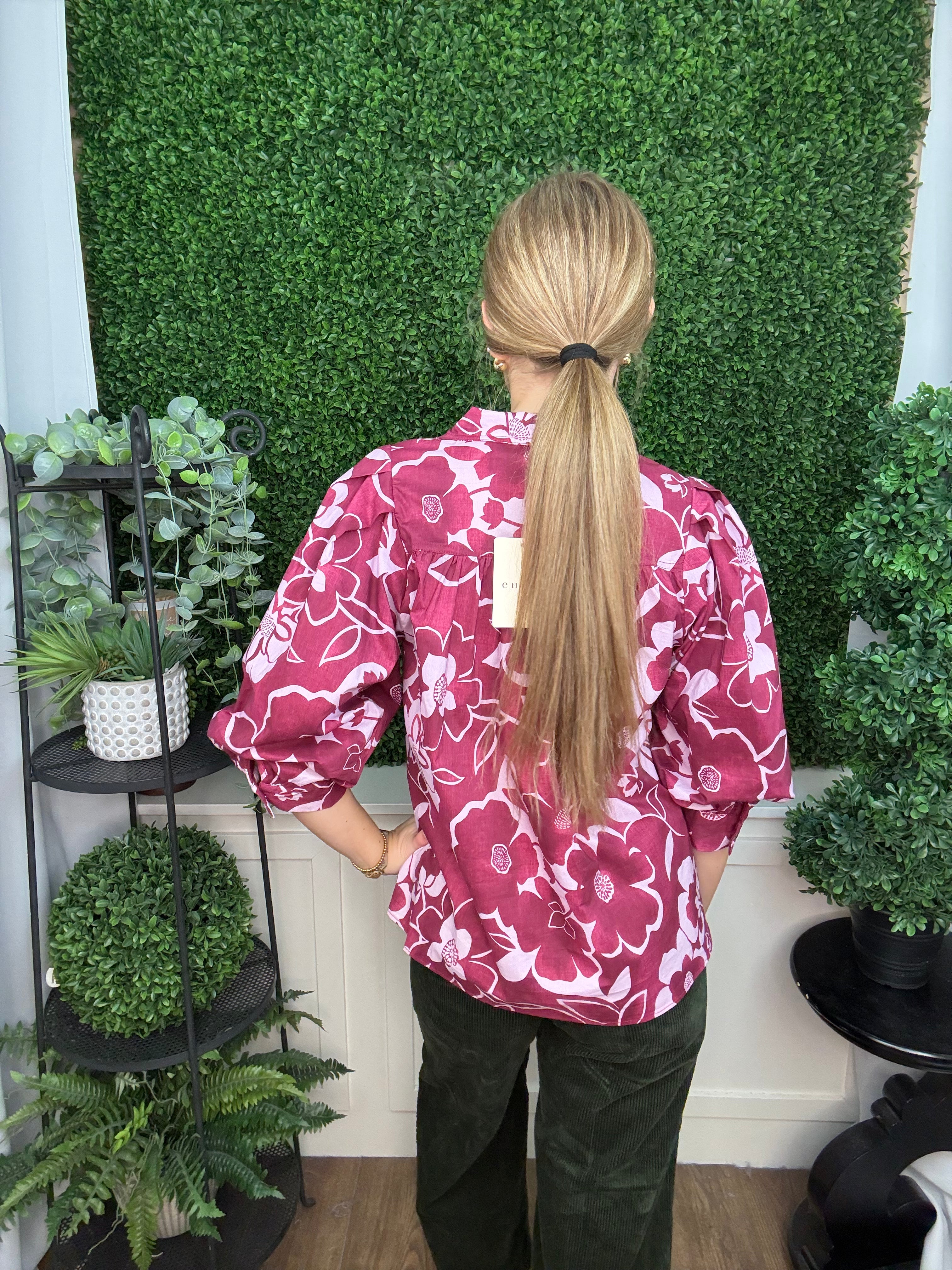 LONG SLEEVE FLORAL PRINT BUTTON DOWN WOVEN TOP - MERLOT
