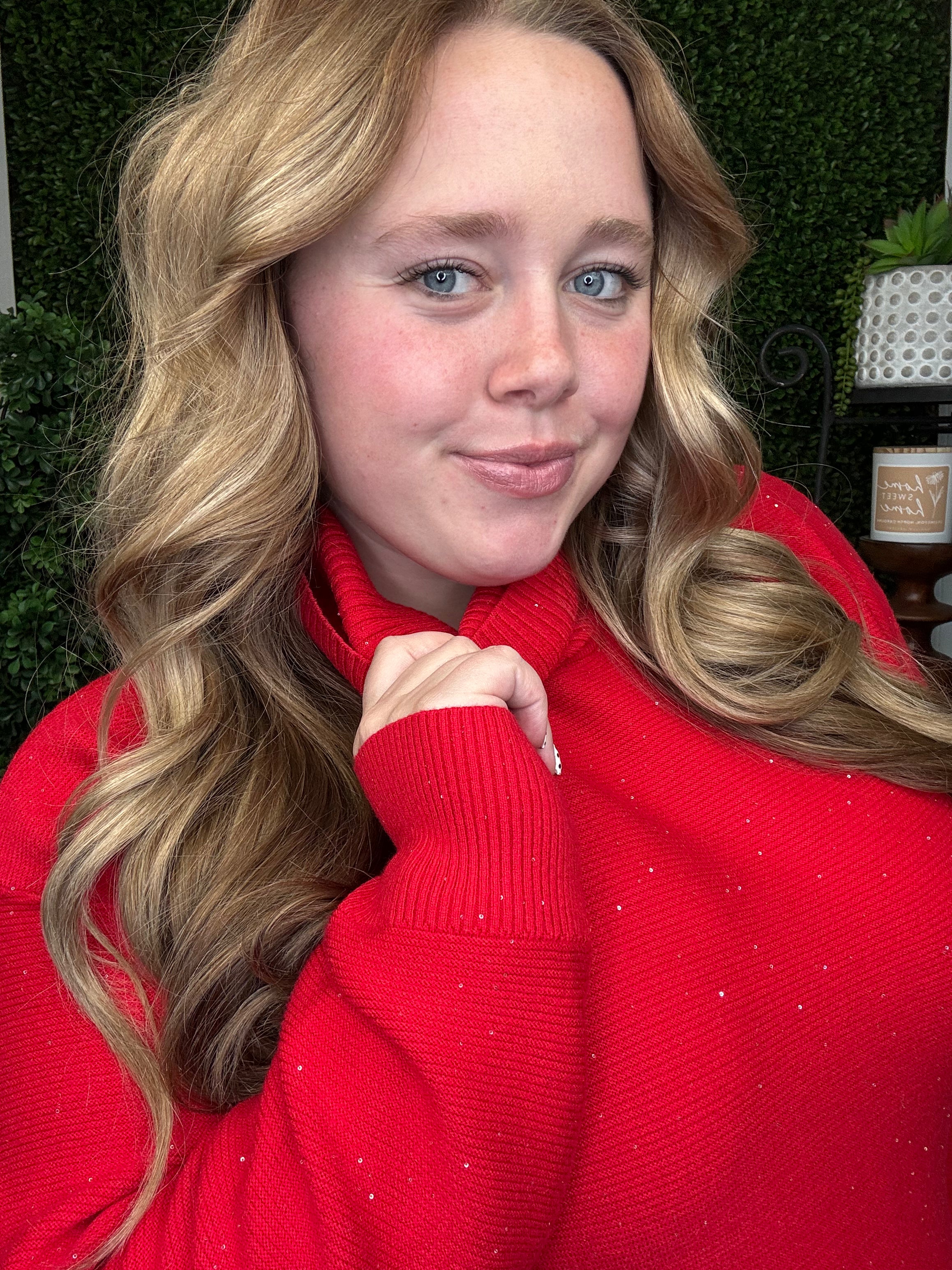 TURTLENECK HIGH LOW SWEATER W/SIDE SLITS - CARMINE