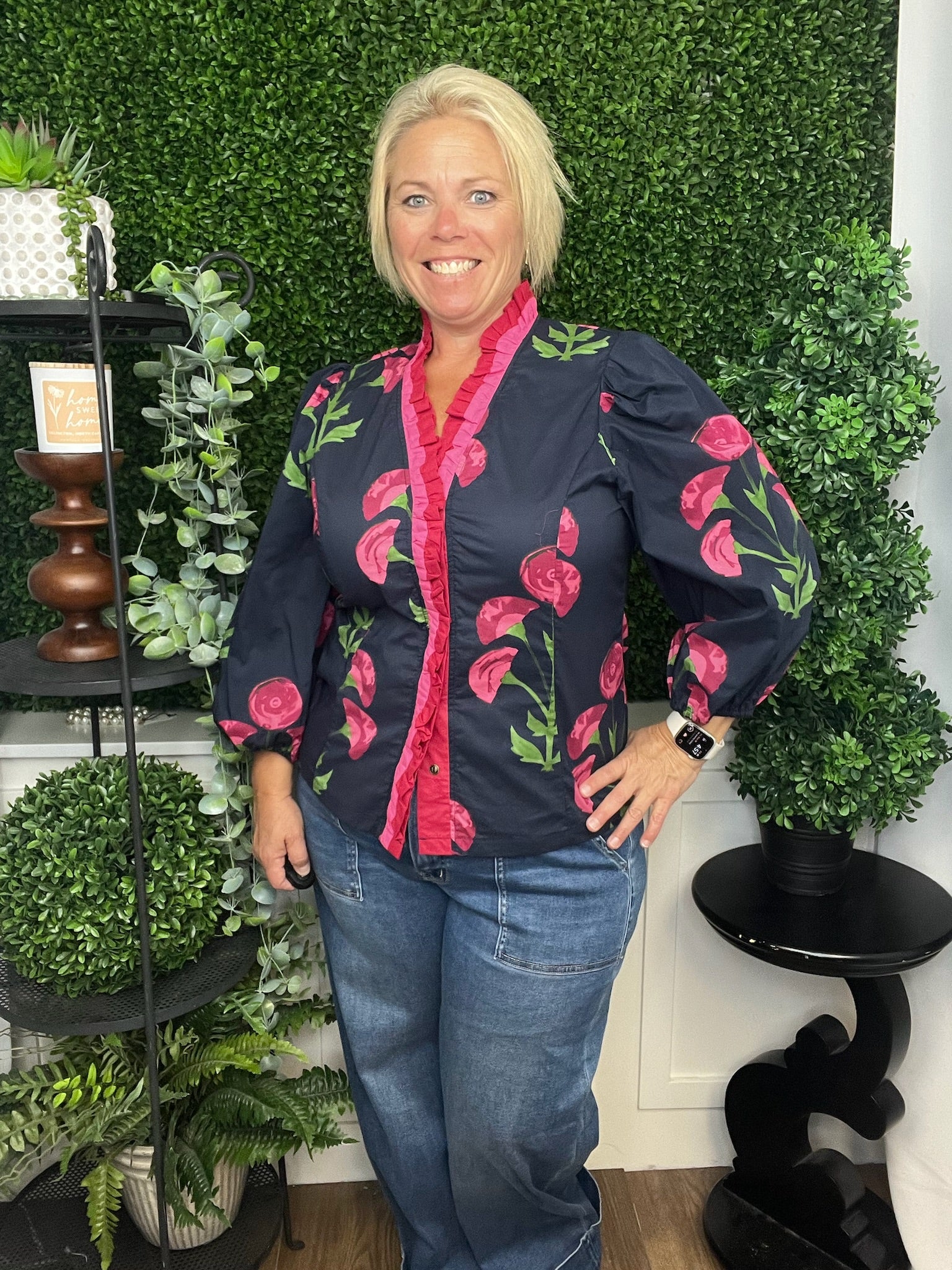 FLORAL PRINT RUFFLED NECK TOP WITH CONTRAST DETAIL