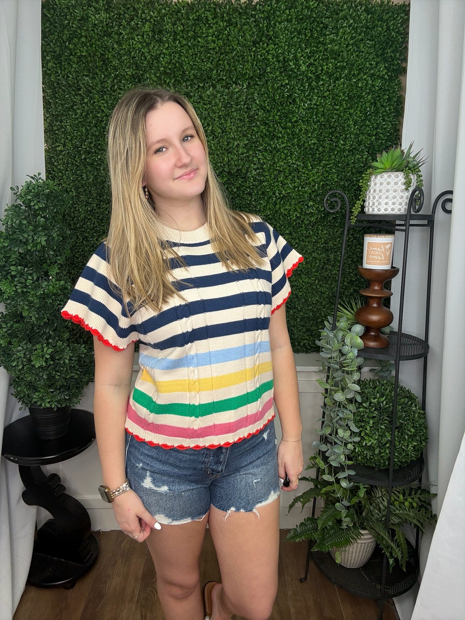 SHORT SLEEVE STRIPED KNIT TOP - CREAM