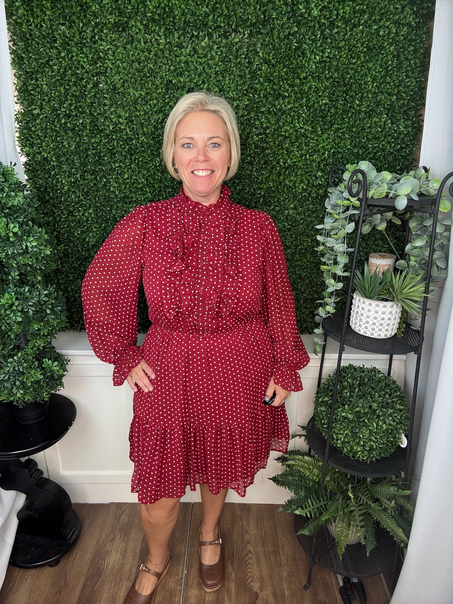 LONG RUFFLED BUTTON DOWN POLKADOT WOVEN MINI DRESS - RED