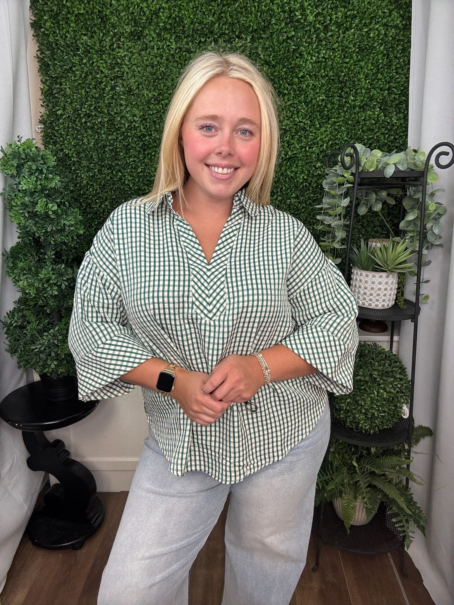 GINGHAM COLLARED TOP - HUNTER GREEN