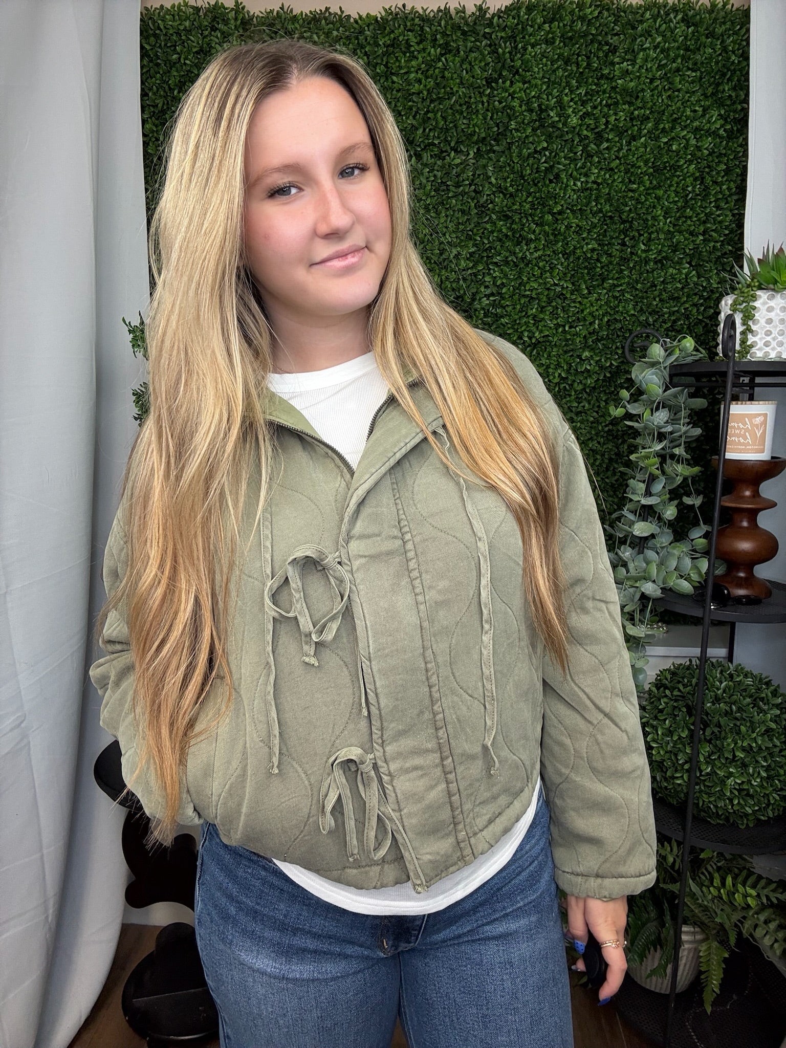 WASHED QUILTED FRONT TIE PUFFER JACKET - OLIVE