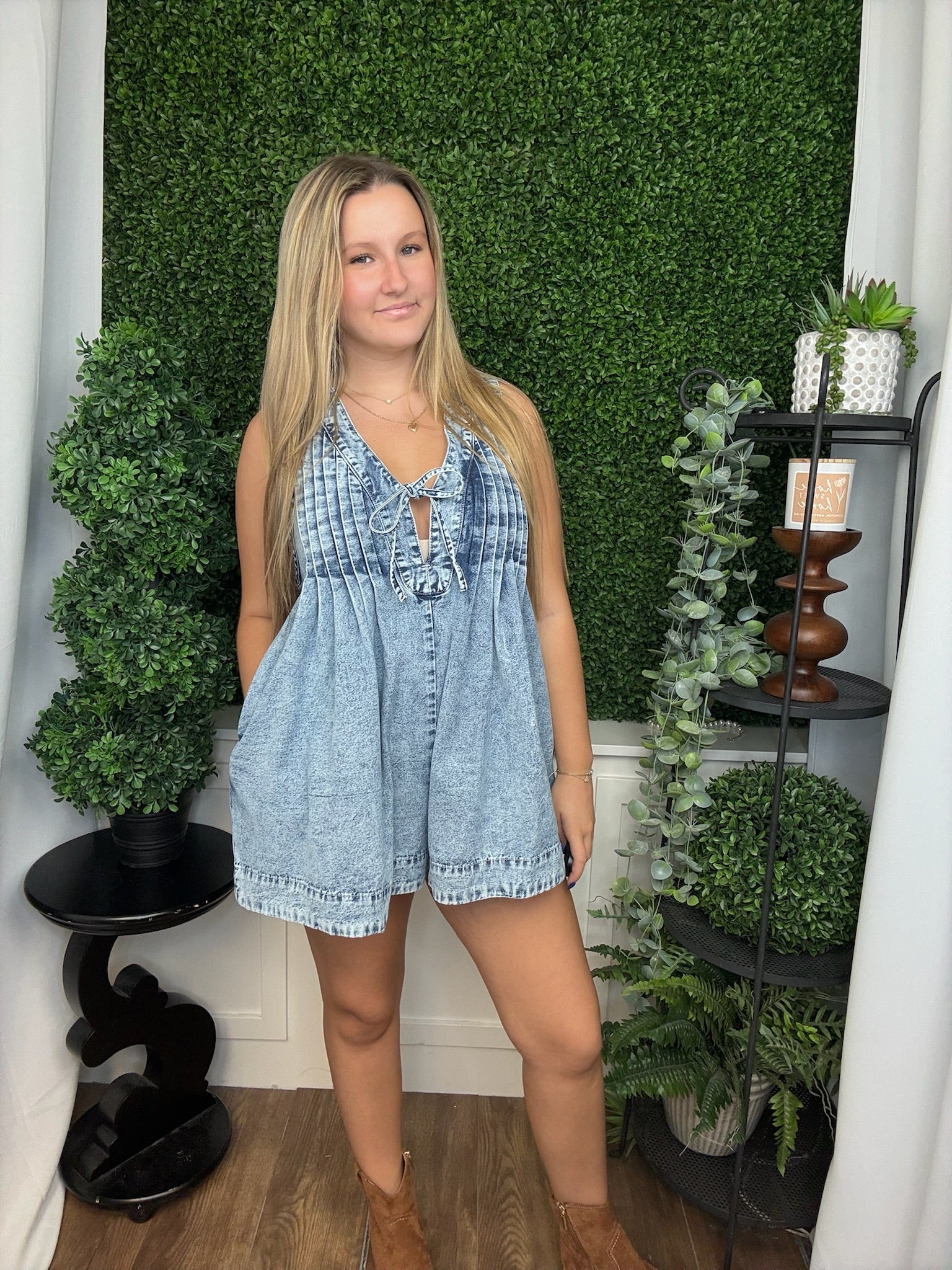 FRONT PLEATED VNECK SLEEVELESS DENIM ROMPER - MEDIUM WASH