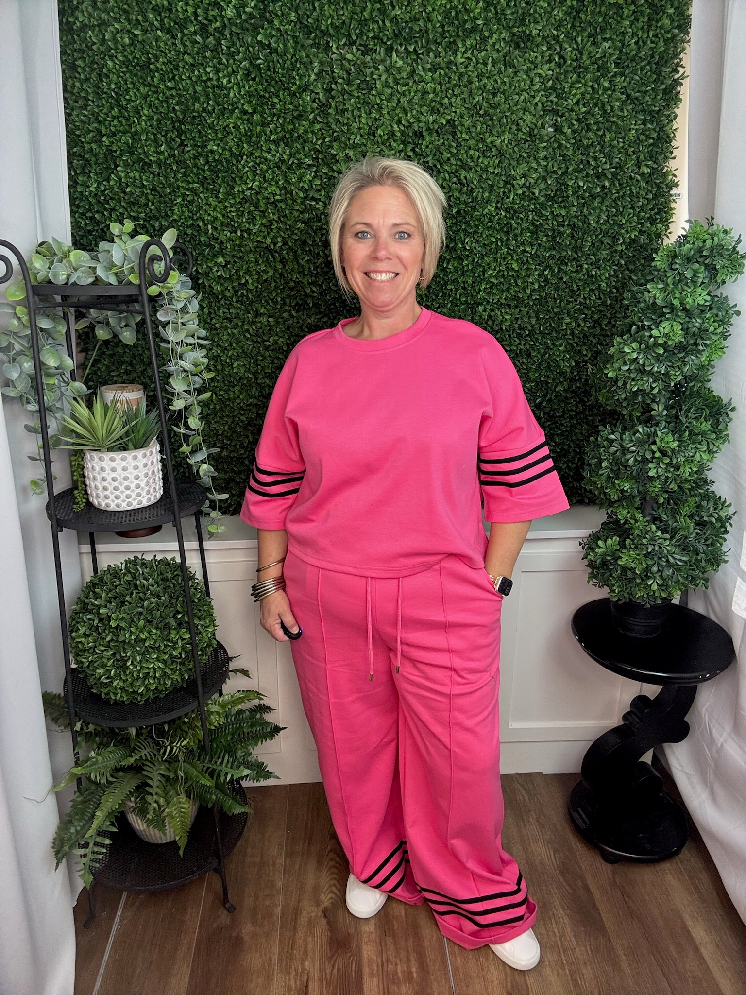 Pink Short Sleeve Knit Top with Stripe Detail
