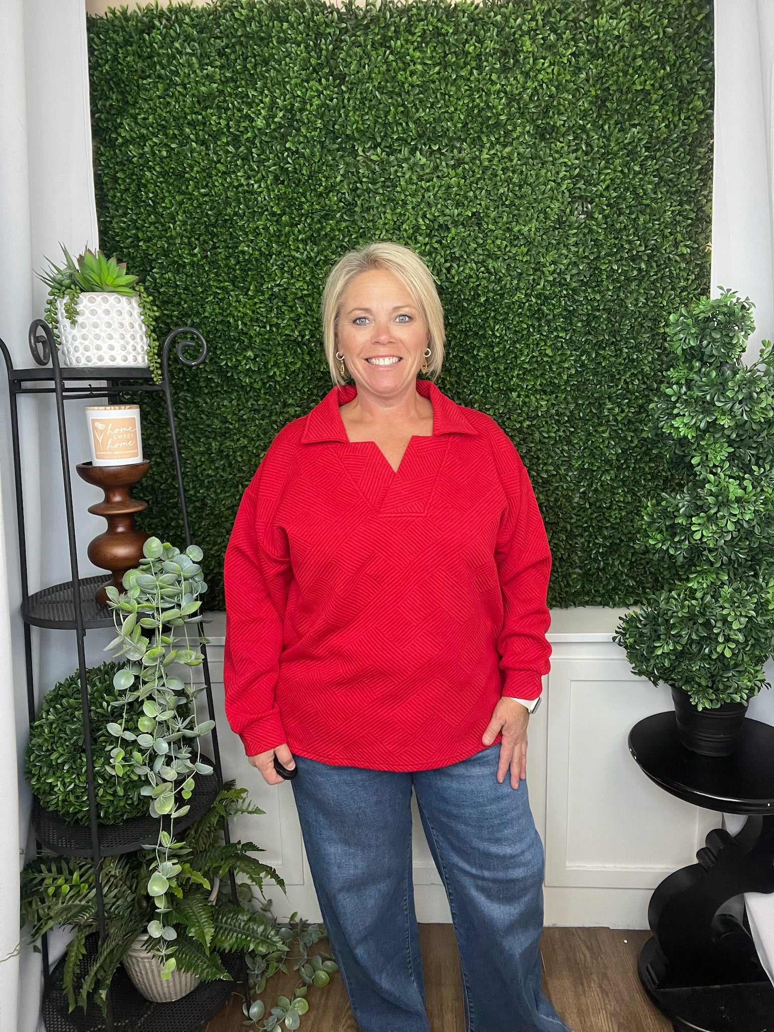 LS TEXTURED COLLARED TOP - RED