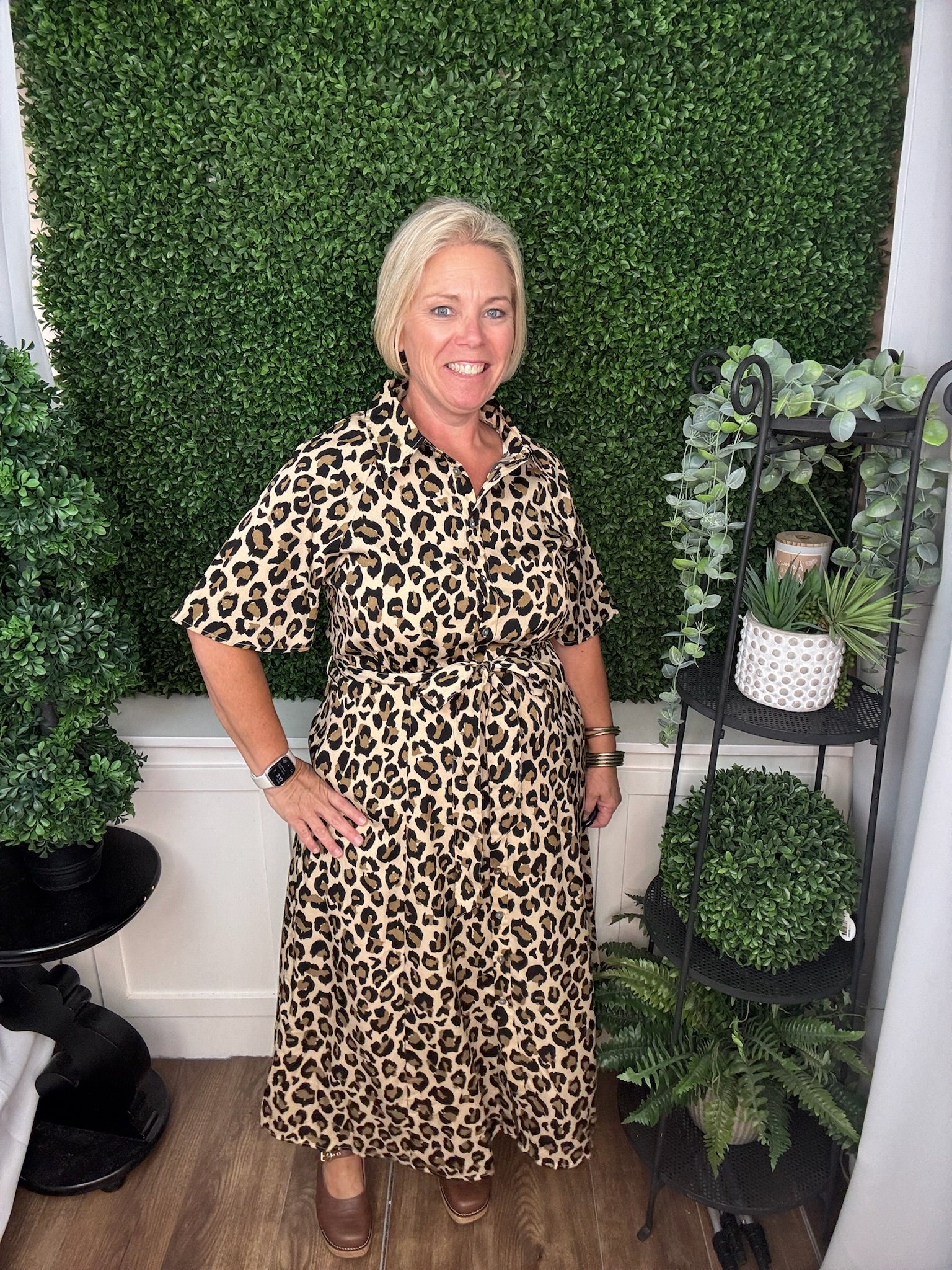 HALF SLEEVE BUTTON LEOPARD WOVEN MIDI DRESS - TAUPE
