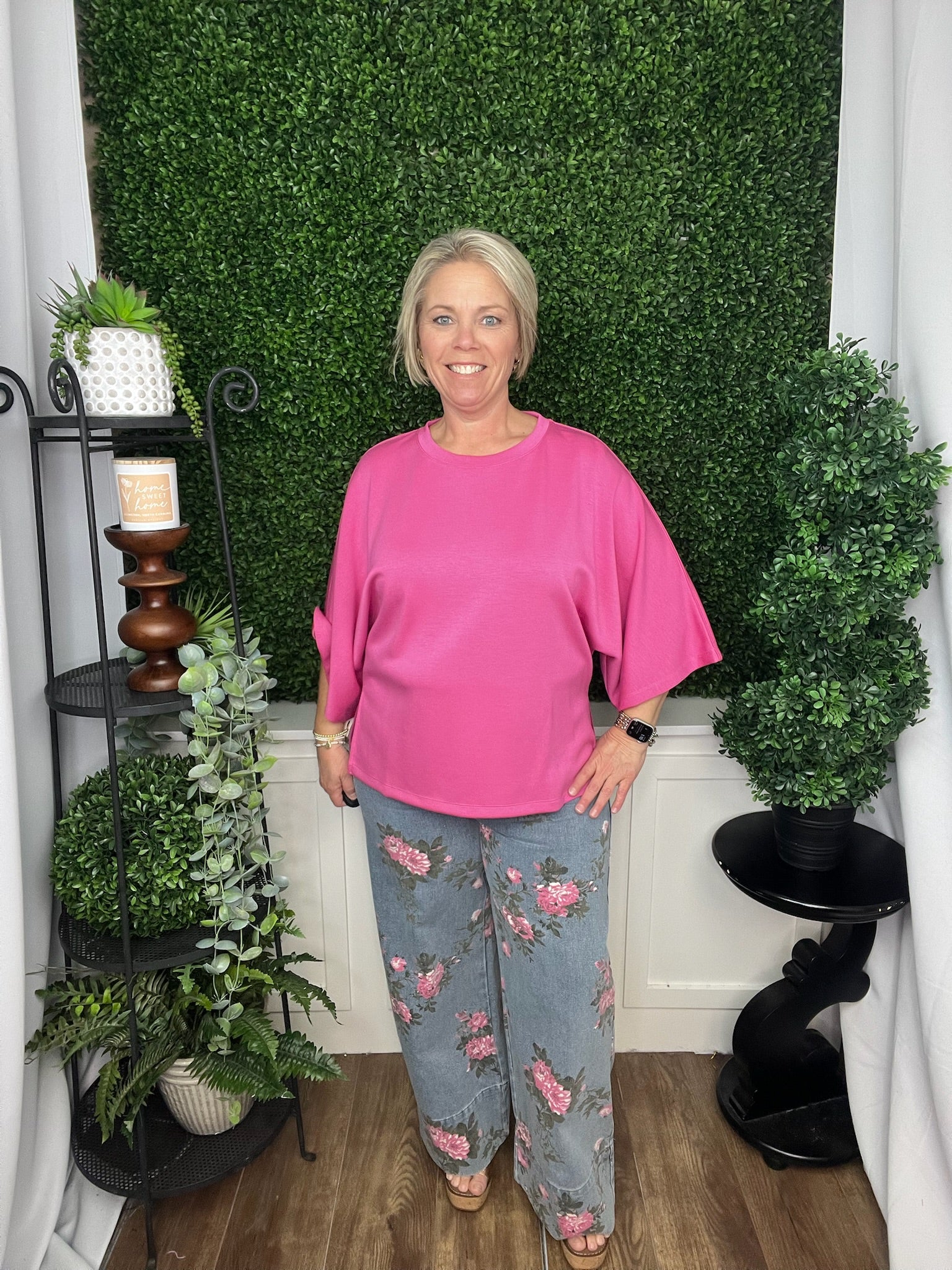 PINK 3/4 SLEEVE CREW NECK TOP