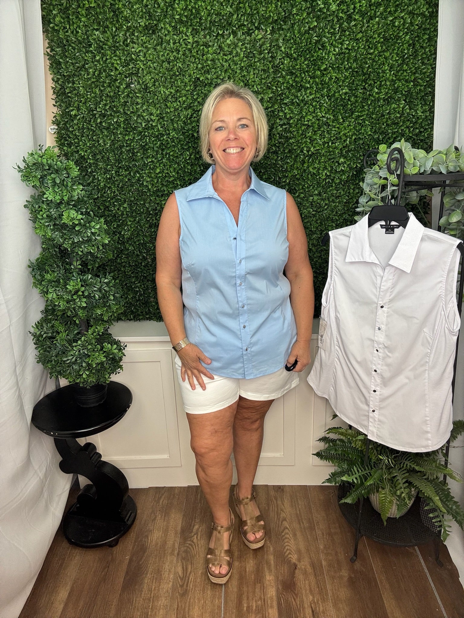 Button Front Poplin Tank w/Ribbed Knit Sides