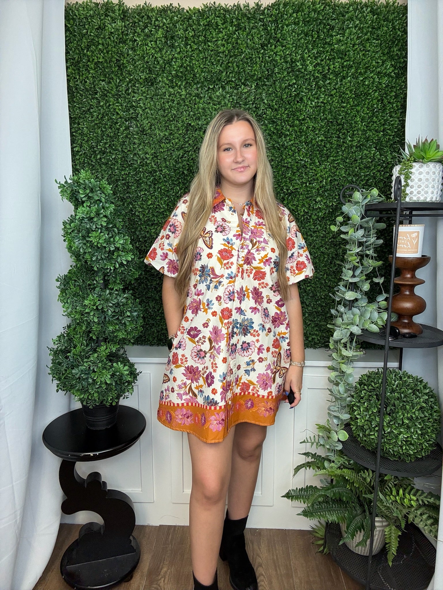 COLLARED BUTTON DOWN FLORAL MINI DRESS - IVORY MULTI