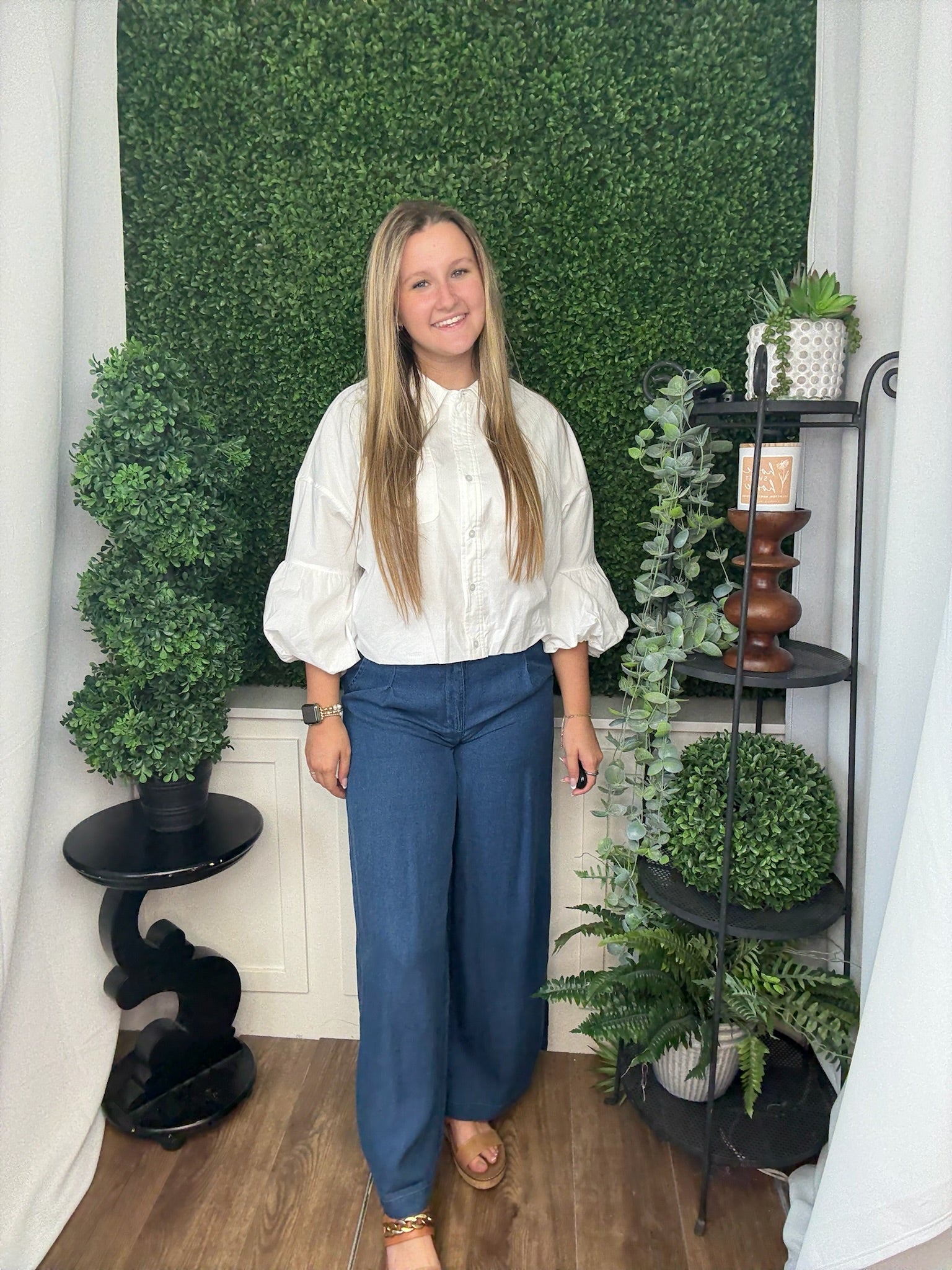 BUTTON DOWN BUBBLE SLV TOP - OFF WHITE