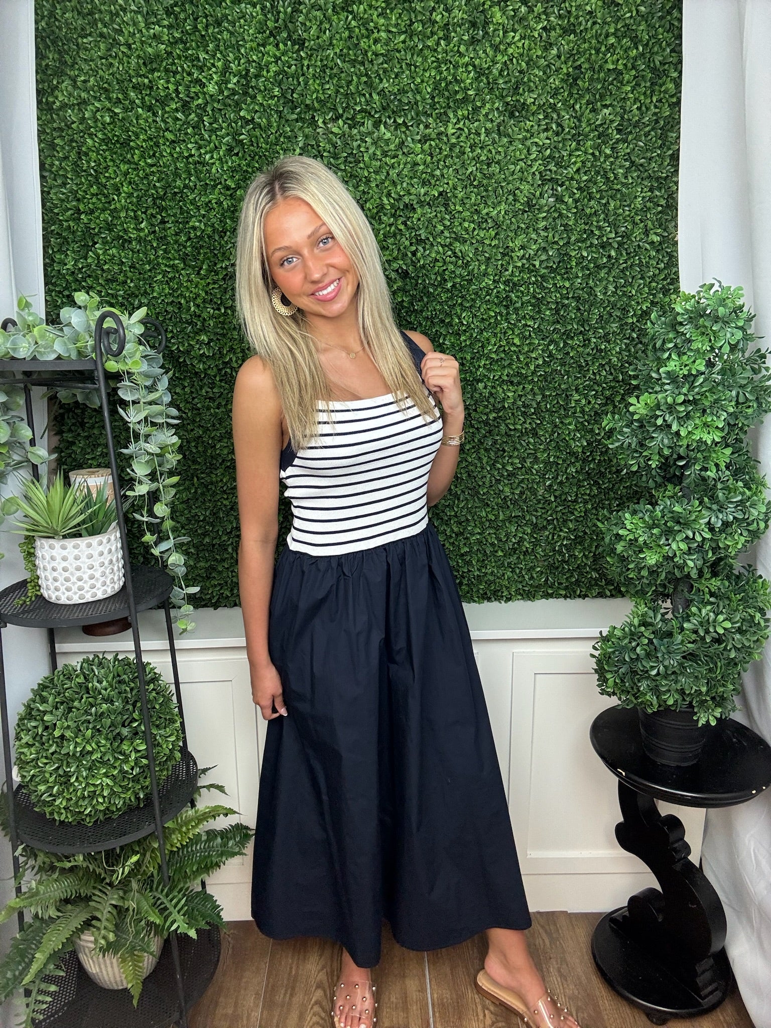 Nautical Stripe Knit Bodice Midi Dress