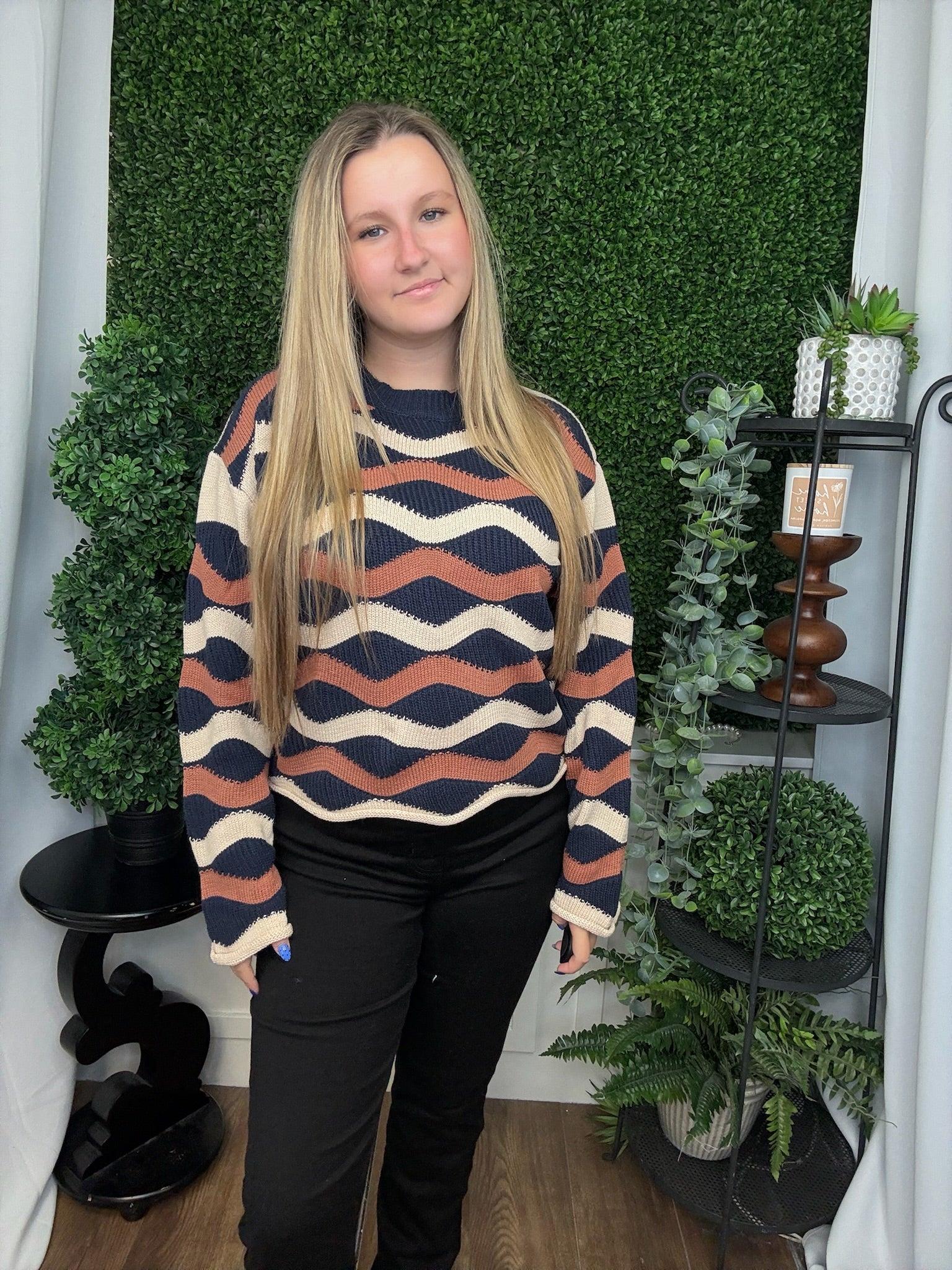 LS WAVY STRIPE SWEATER TOP - NAVY/CINNAMON