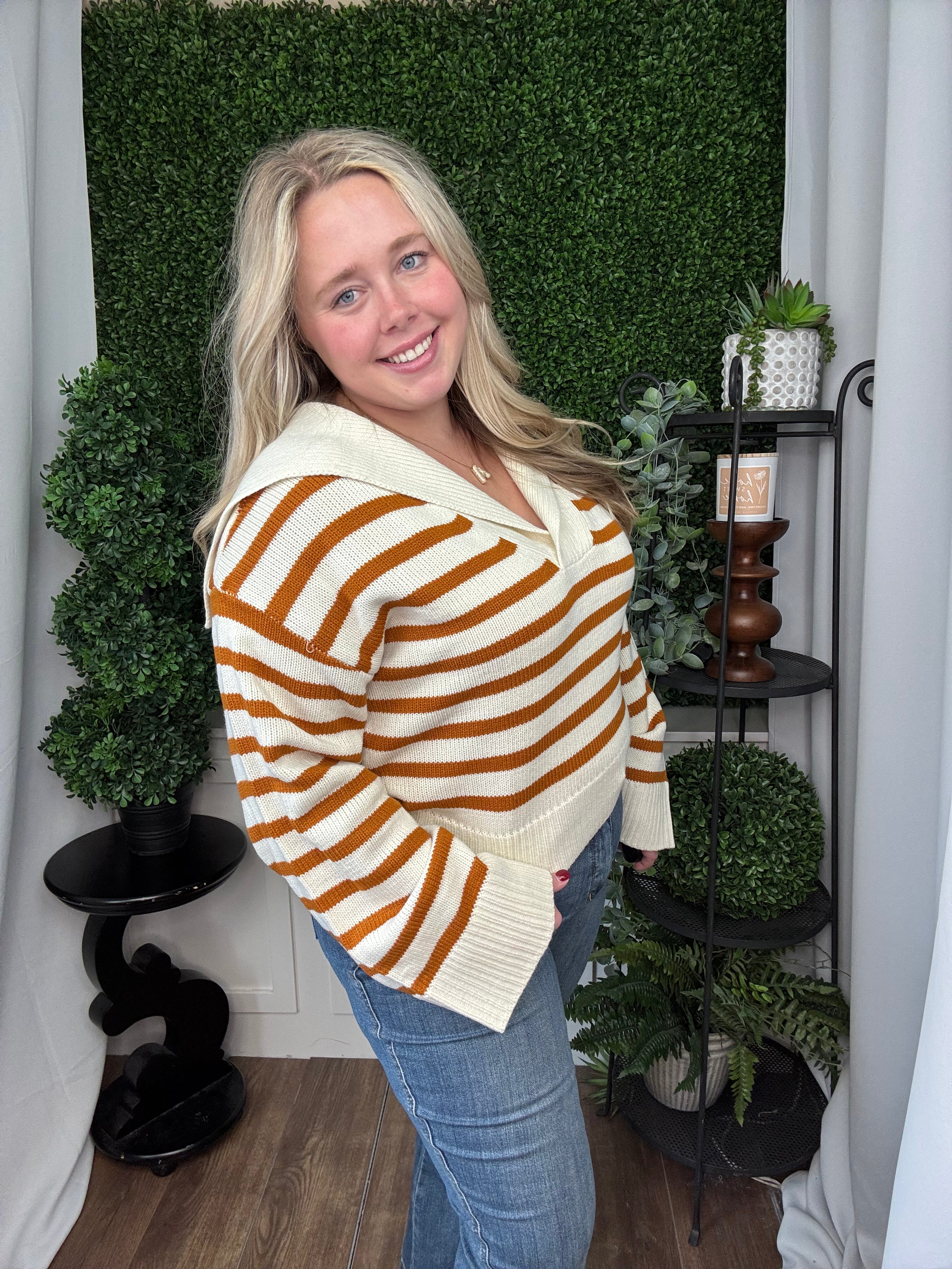 STRIPED KNIT SAILOR COLLAR SWEATER - CREAM/CARAMEL