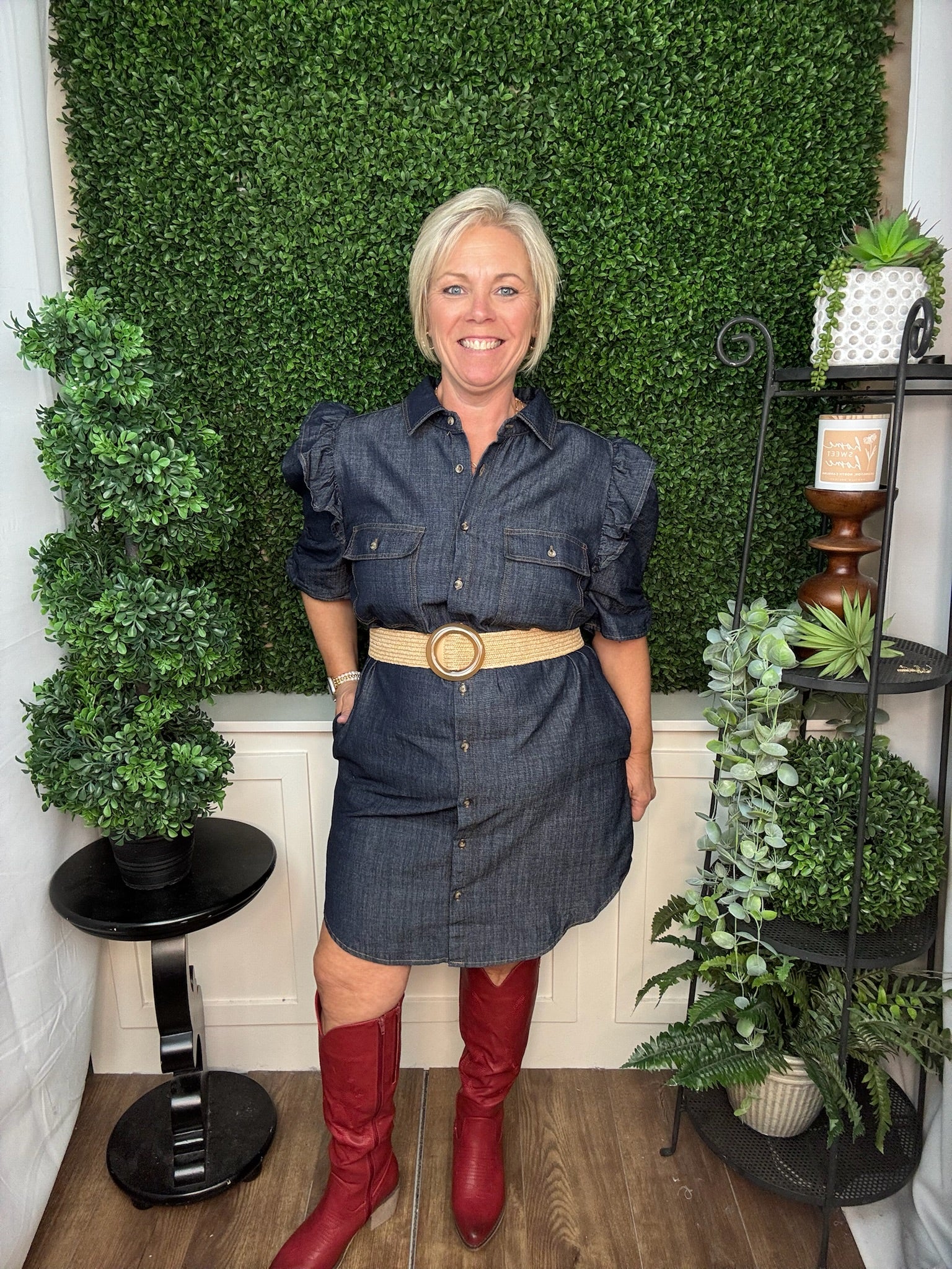 Dark Denim Ruffle Sleeve Button Down Dress