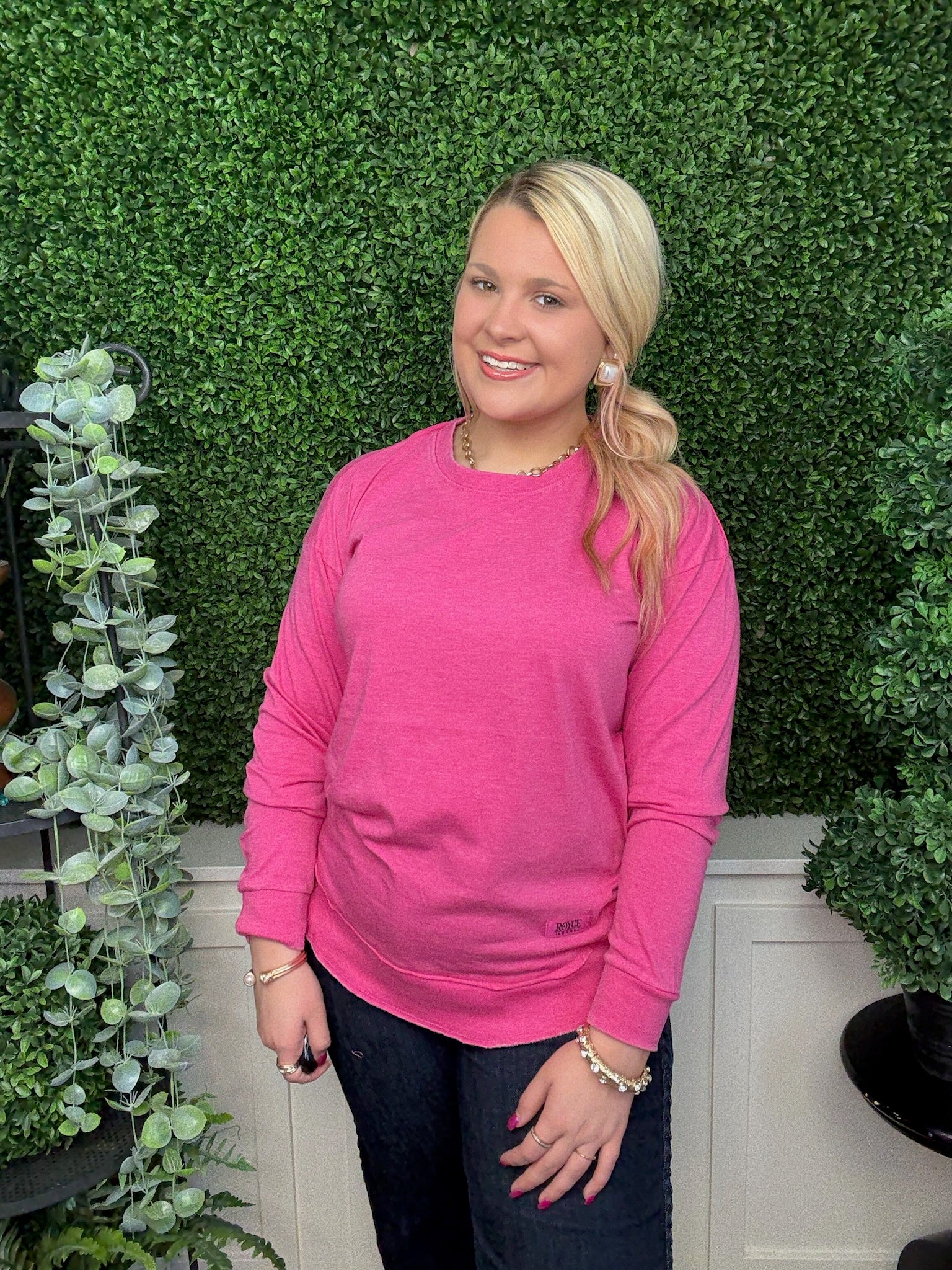 VINTAGE WASH LONG SLEEVE PONCHO TOP - RASPBERRY